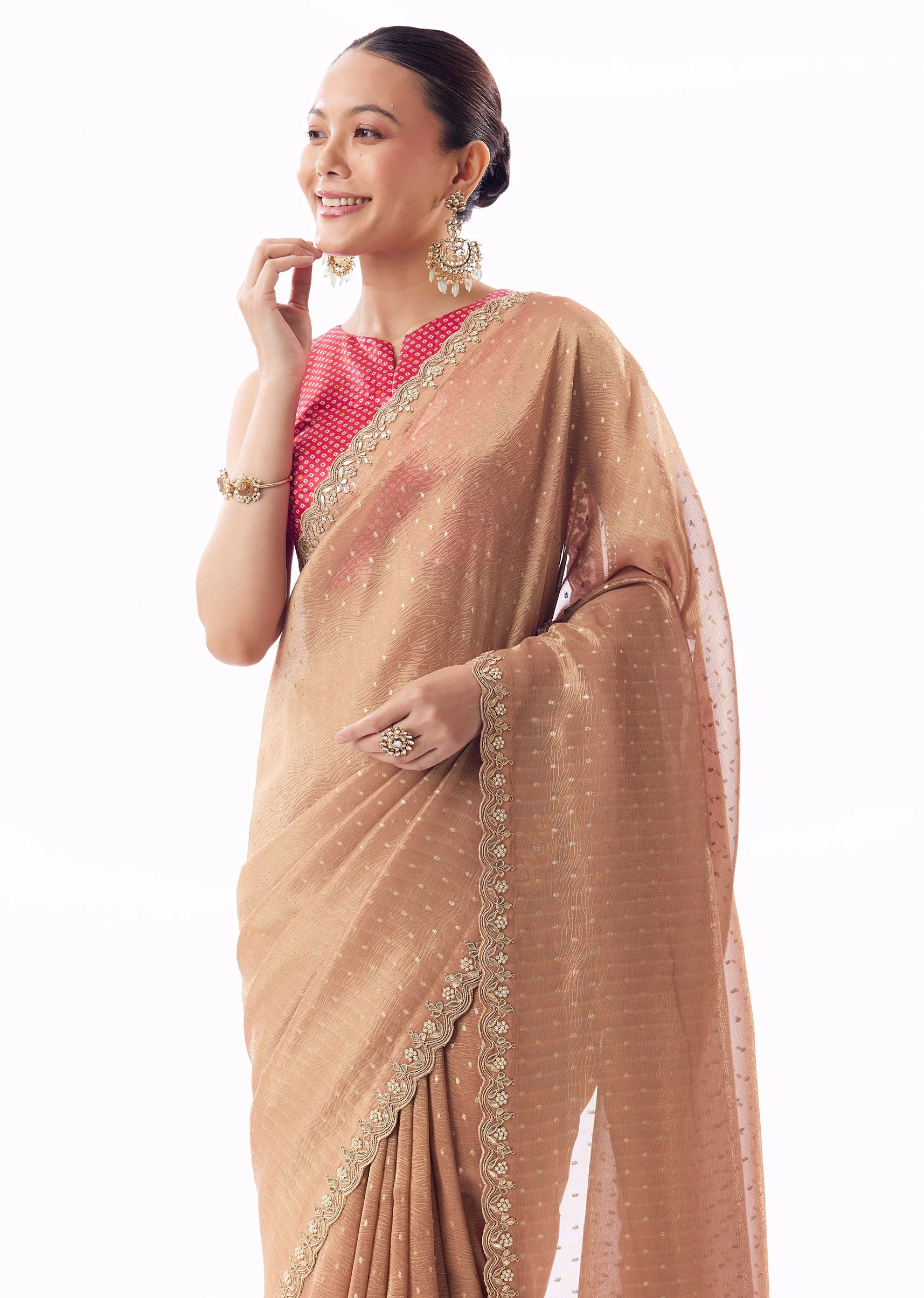 Peach Crushed Tissue Saree With Gota Zari Patchwork And Tassel Detail - Image 5