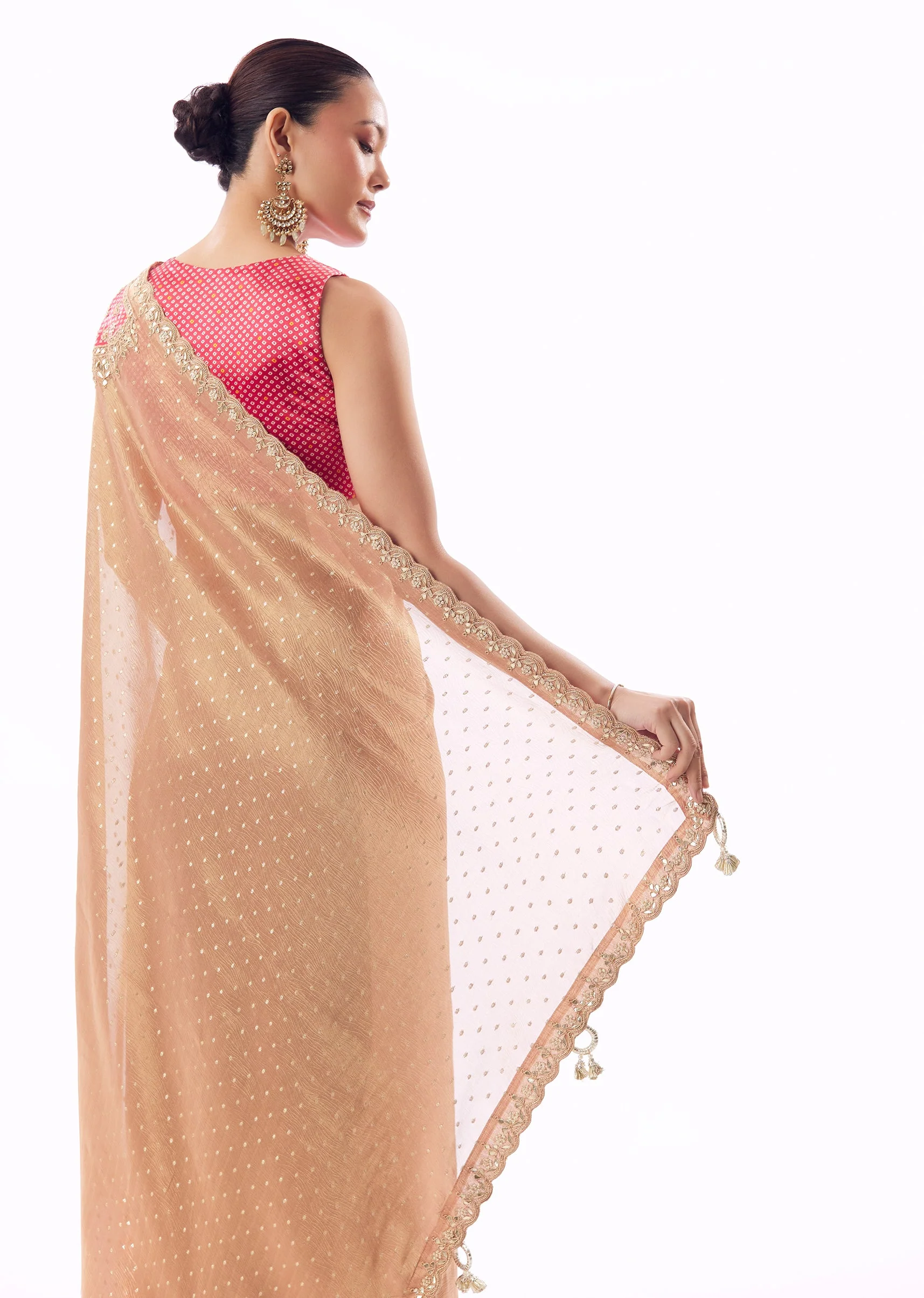 Peach Crushed Tissue Saree With Gota Zari Patchwork And Tassel Detail - Image 6