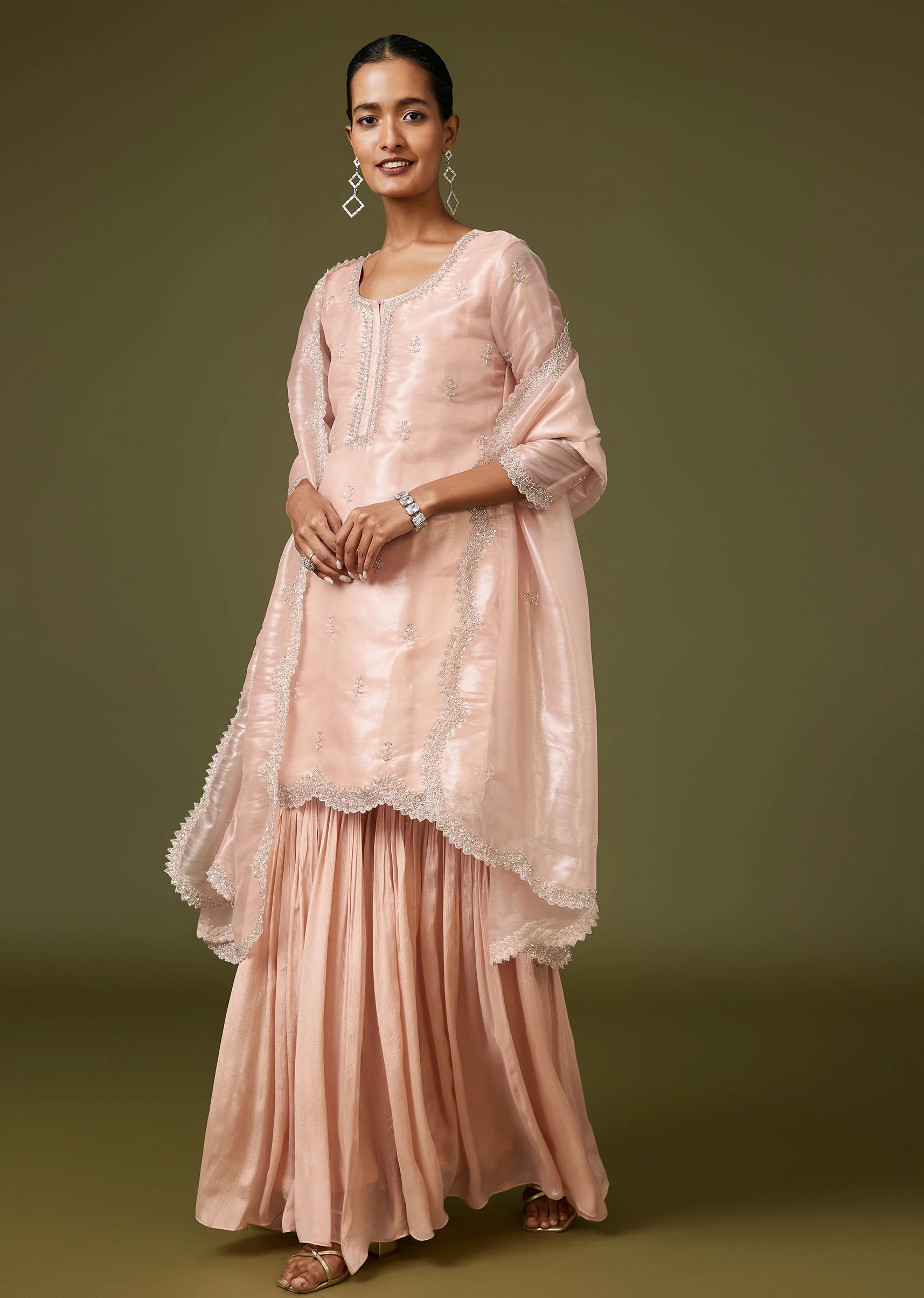 Peach Cut Dana Chinon Sharara Suit With Dupatta - Image 3