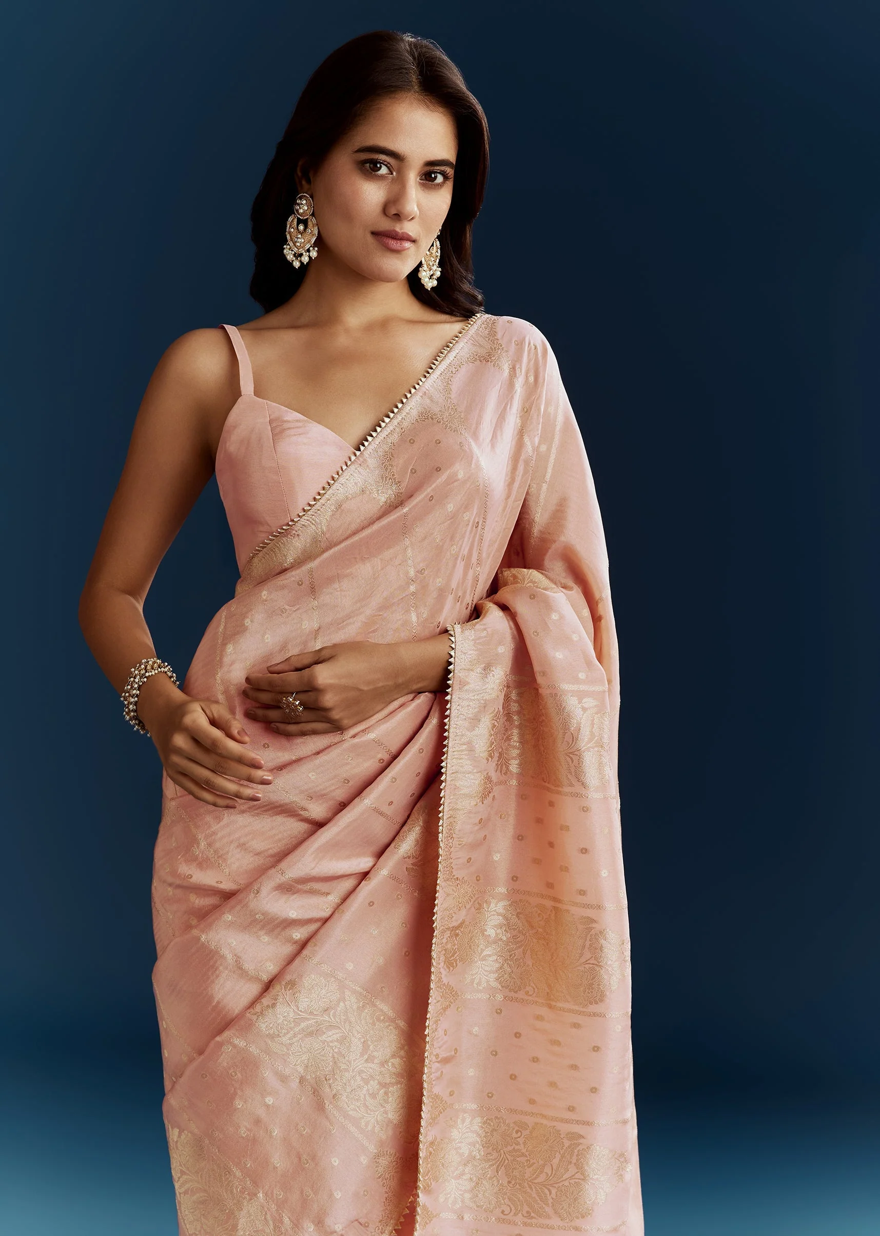Peach Dola Silk Brocade Saree With Gota Patti And Moti Embroidery - Image 3