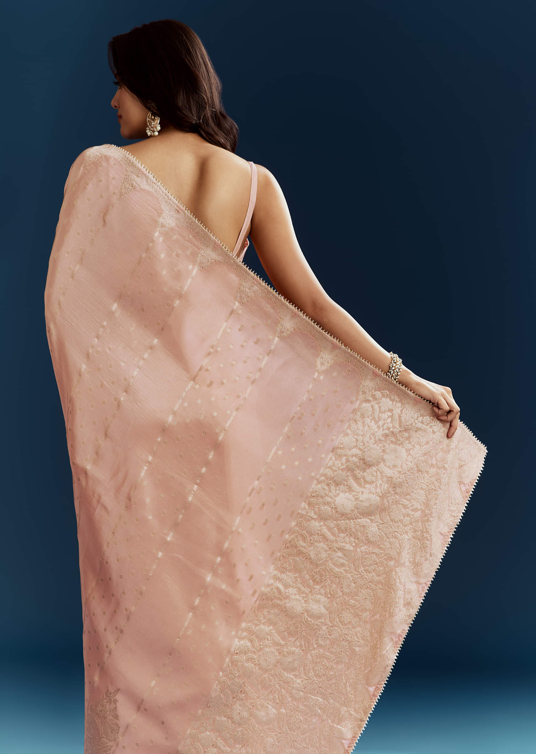 Peach Dola Silk Brocade Saree With Gota Patti And Moti Embroidery - Image 5