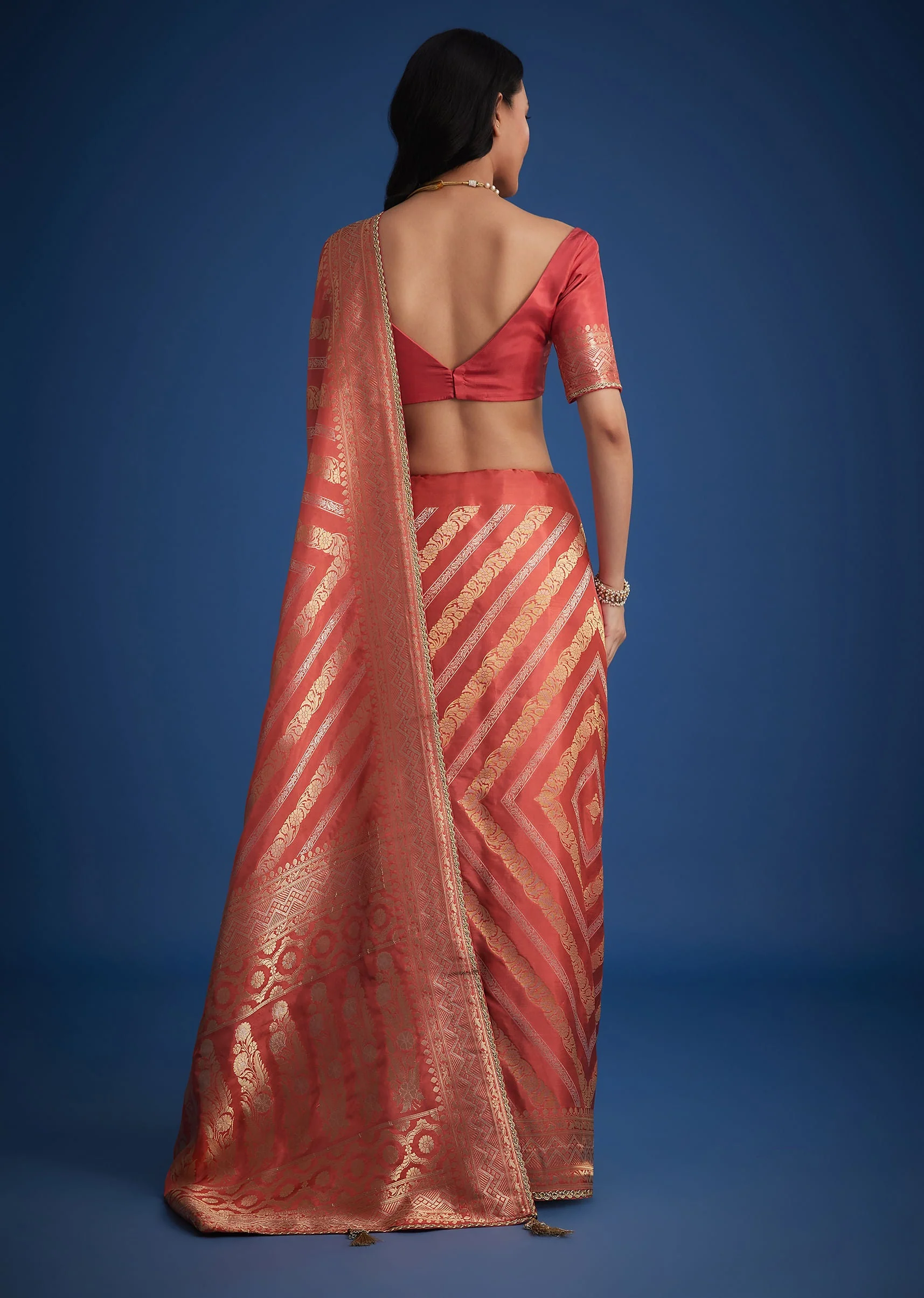 Peach Dola Silk Saree With Zari Work And Gota Patti Border - Image 4