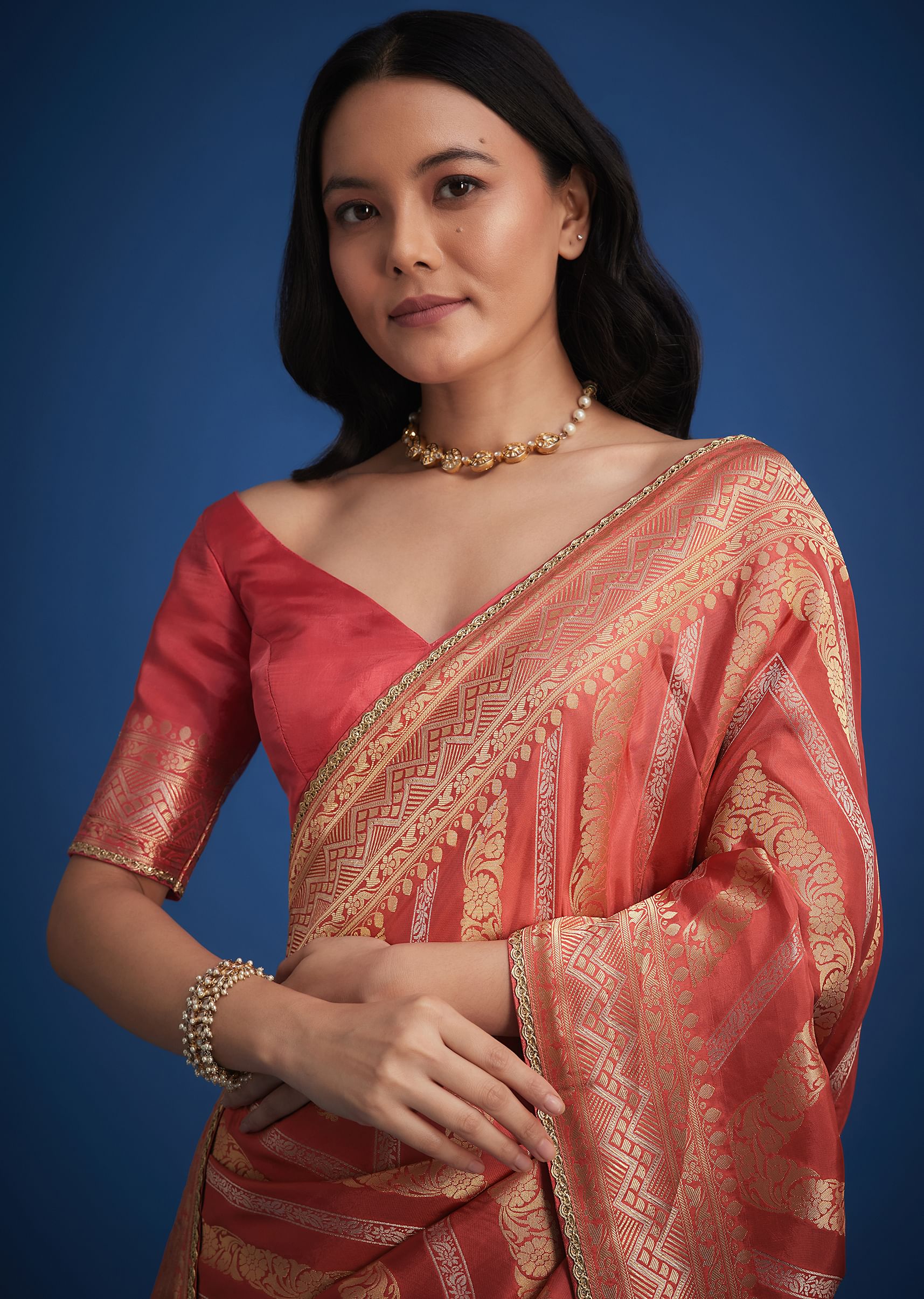 Peach Dola Silk Saree With Zari Work And Gota Patti Border - Image 5