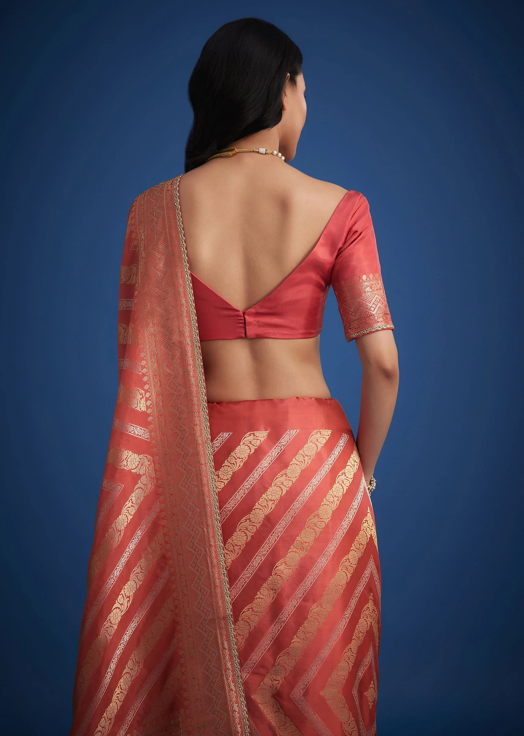 Peach Dola Silk Saree With Zari Work And Gota Patti Border - Image 6