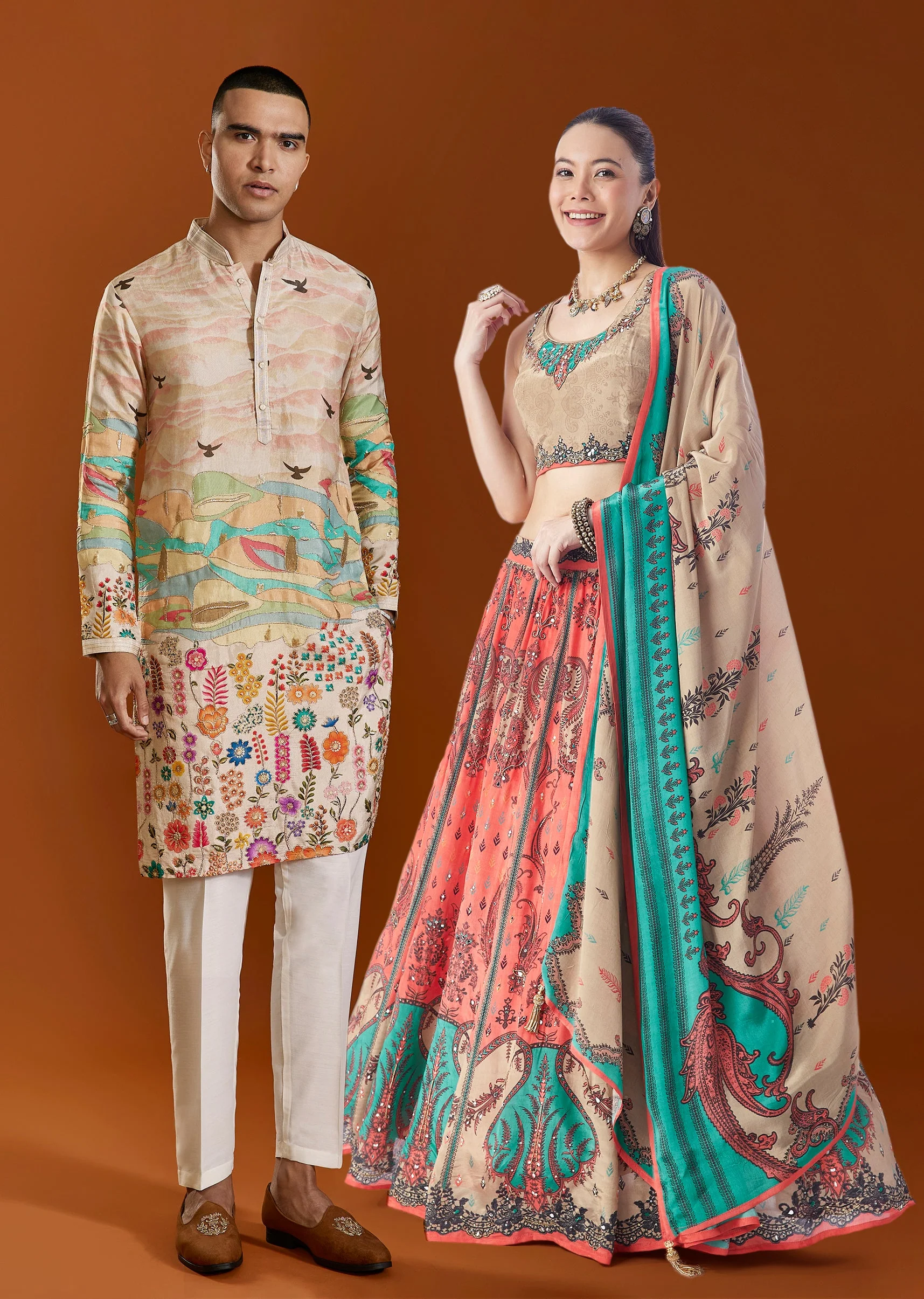 Peach Elegance Duo – Paisley Printed Lehenga For Her And Embroidered Kurta Set For Him