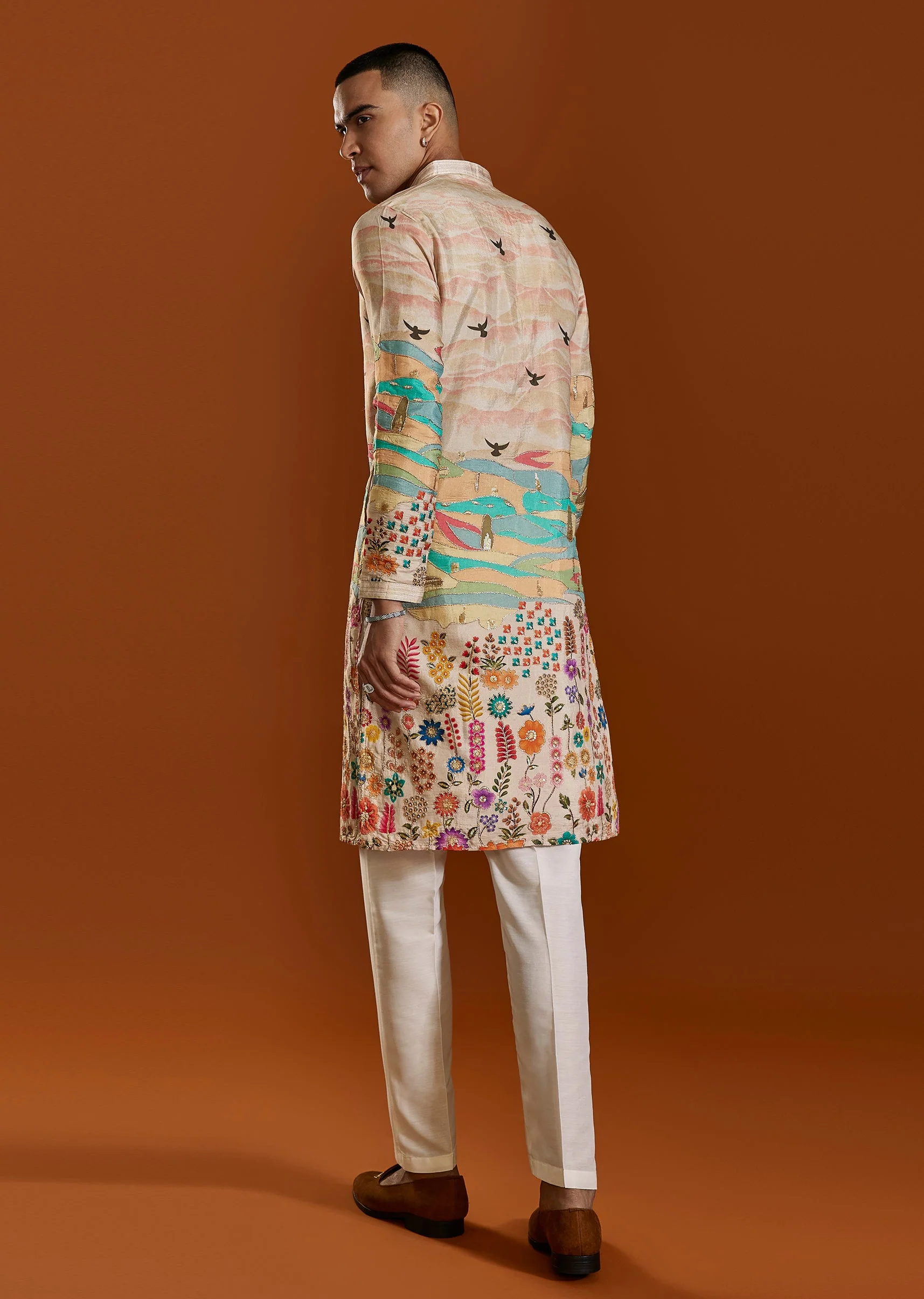 Peach Elegance Duo – Paisley Printed Lehenga For Her And Embroidered Kurta Set For Him - Image 11