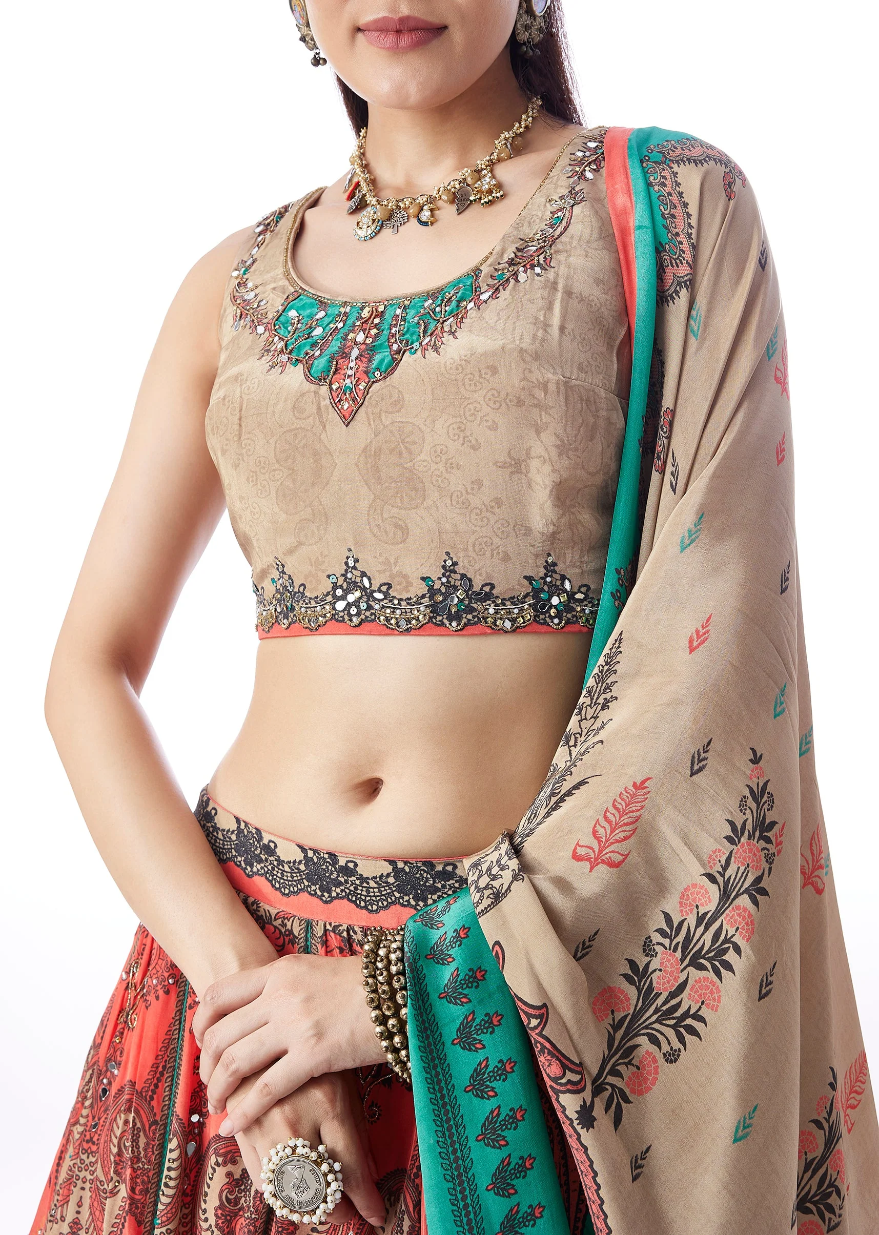 Peach Elegance Duo – Paisley Printed Lehenga For Her And Embroidered Kurta Set For Him - Image 2