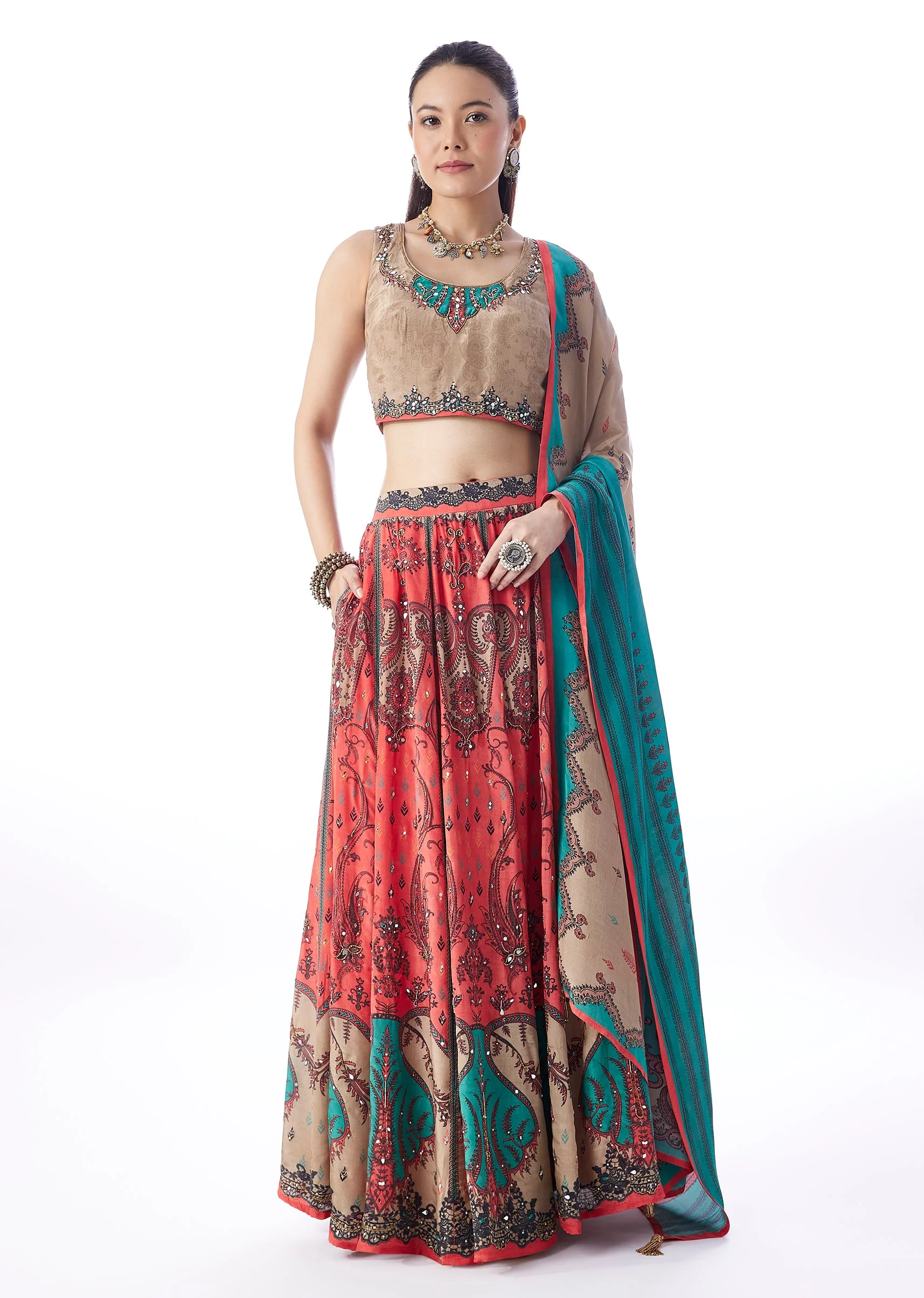 Peach Elegance Duo – Paisley Printed Lehenga For Her And Embroidered Kurta Set For Him - Image 3