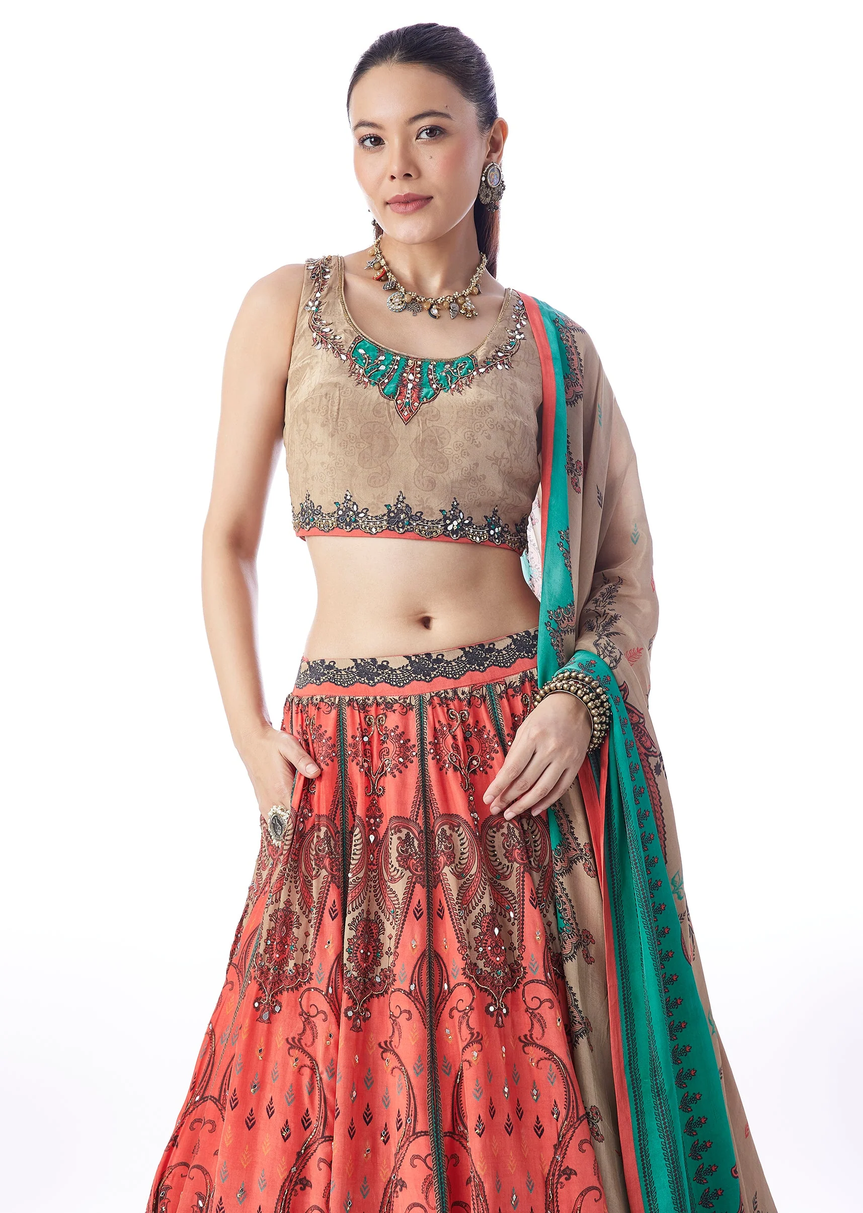 Peach Elegance Duo – Paisley Printed Lehenga For Her And Embroidered Kurta Set For Him - Image 4