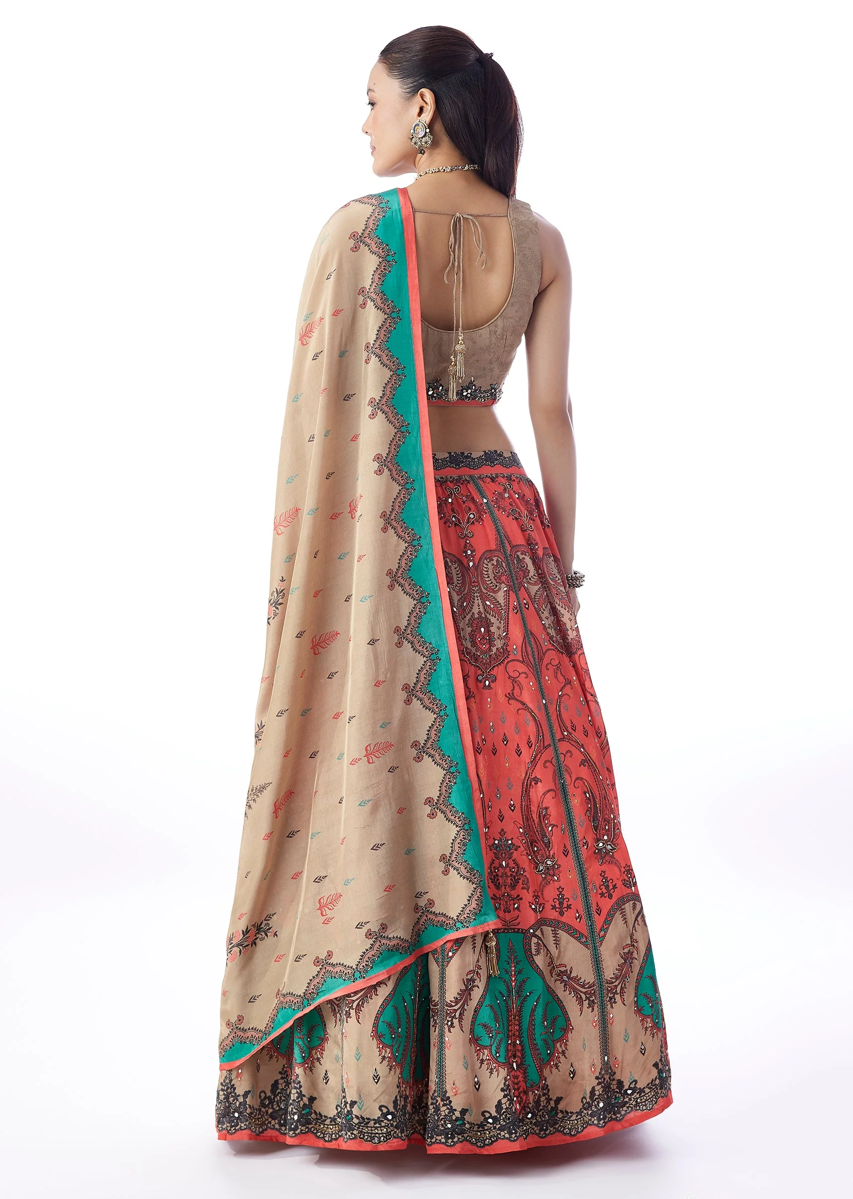 Peach Elegance Duo – Paisley Printed Lehenga For Her And Embroidered Kurta Set For Him - Image 6