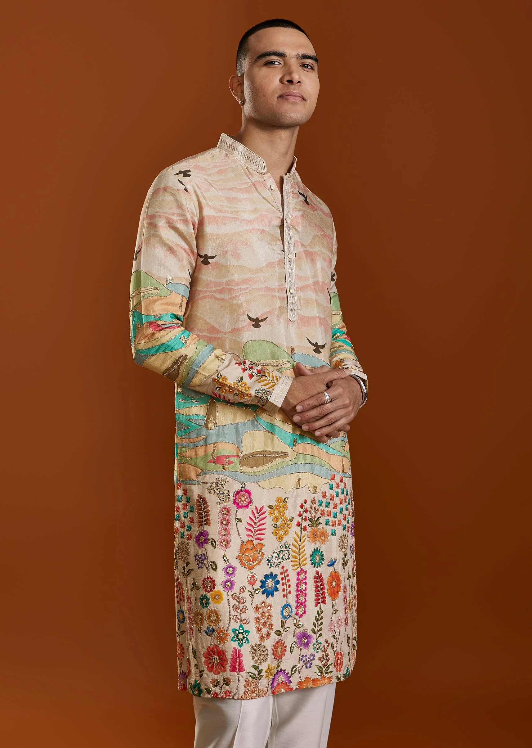 Peach Elegance Duo – Paisley Printed Lehenga For Her And Embroidered Kurta Set For Him - Image 9