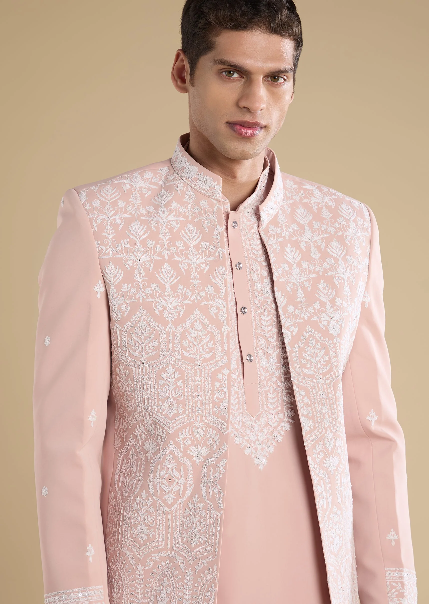 Peach Embellished Jodhpuri Set With Kurta And Pants - Image 3