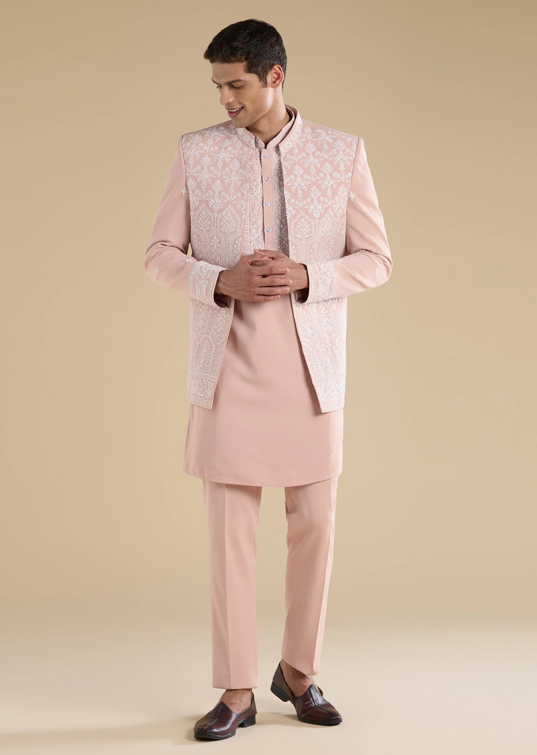 Peach Embellished Jodhpuri Set With Kurta And Pants - Image 4