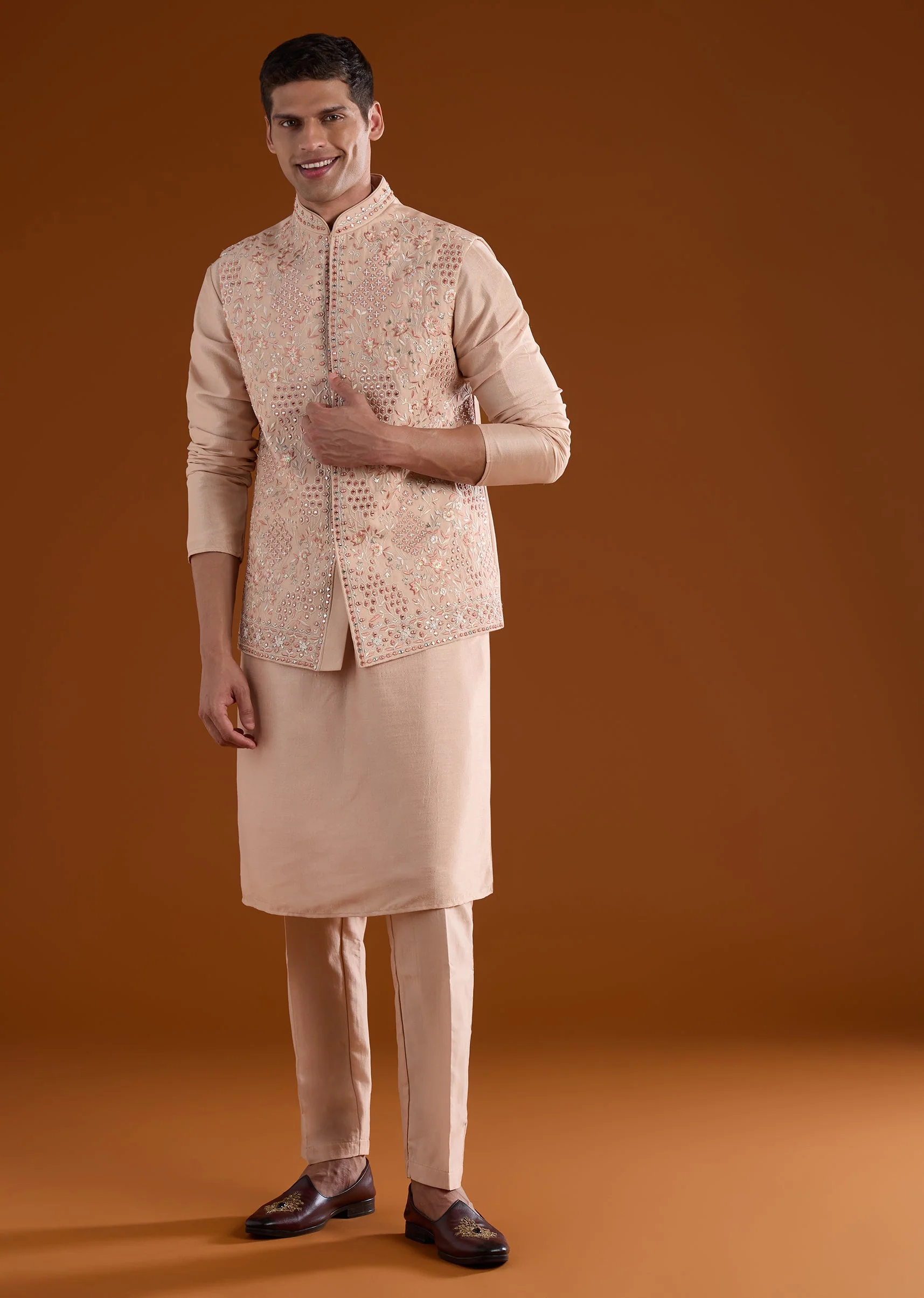 Peach Embellished Silk Kurta Jacket Set - Image 3