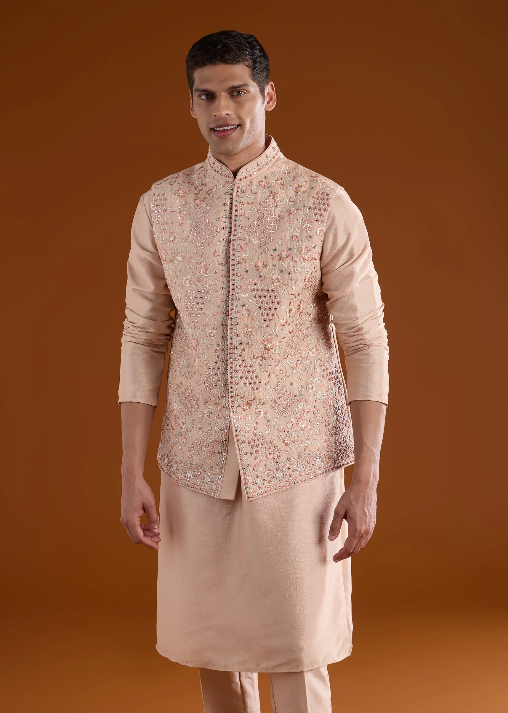 Peach Embellished Silk Kurta Jacket Set - Image 4