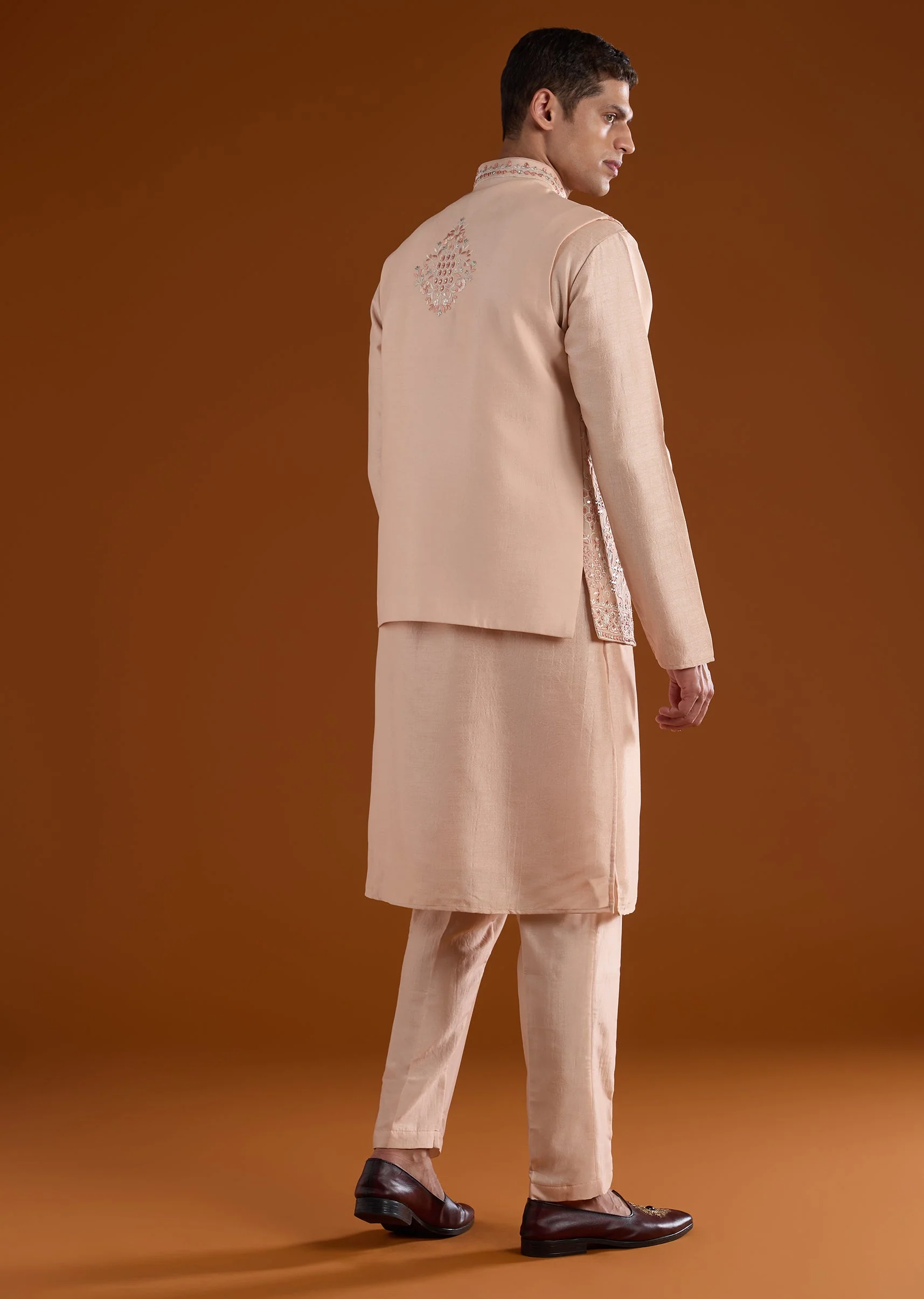 Peach Embellished Silk Kurta Jacket Set - Image 5