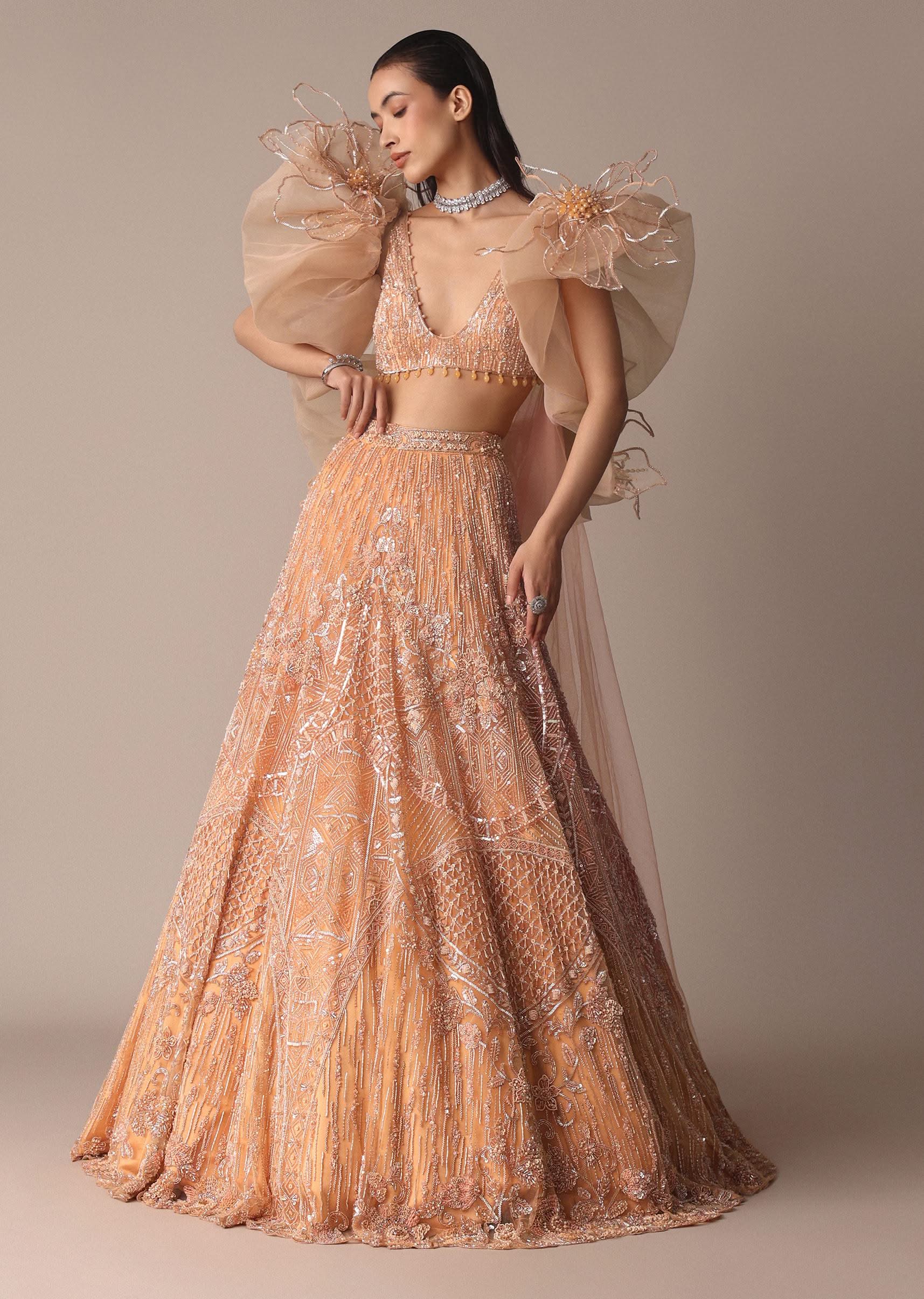 Peach Zardosi Lehenga With Dramatic Net Sleeves Blouse - Image 11