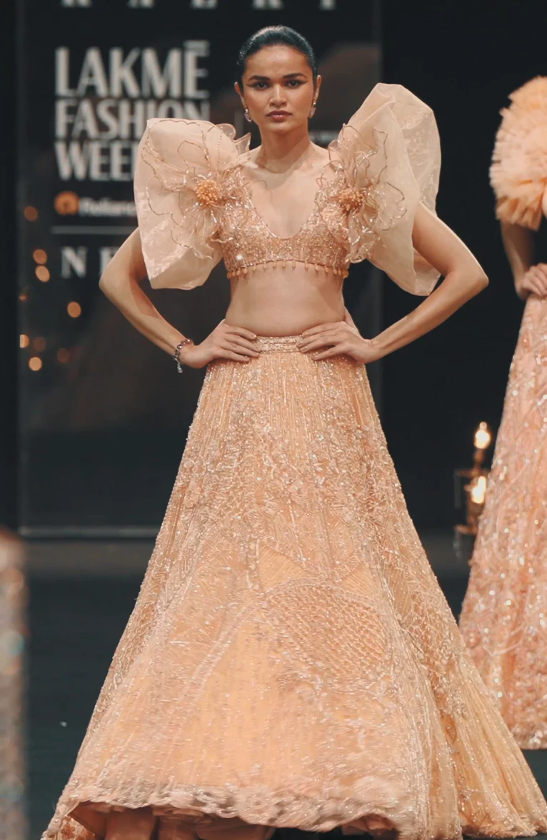 Peach Zardosi Lehenga With Dramatic Net Sleeves Blouse - Image 12
