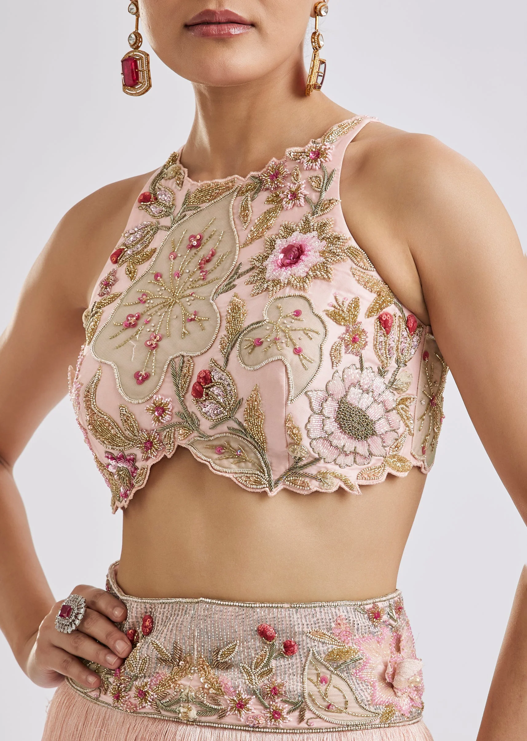 Peach Embroidered Blouse With Fringed Skirt Set - Image 2
