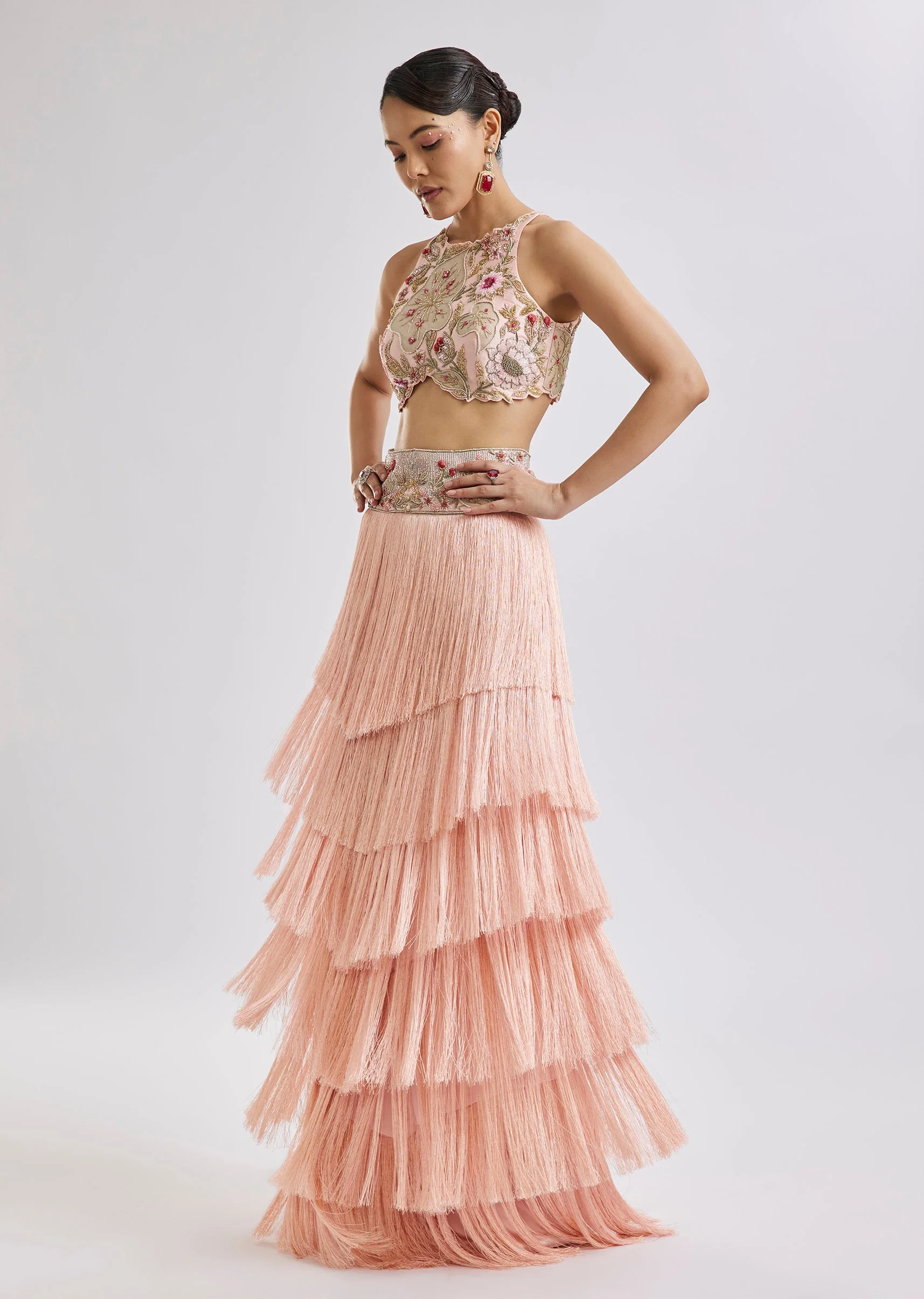 Peach Embroidered Blouse With Fringed Skirt Set - Image 3
