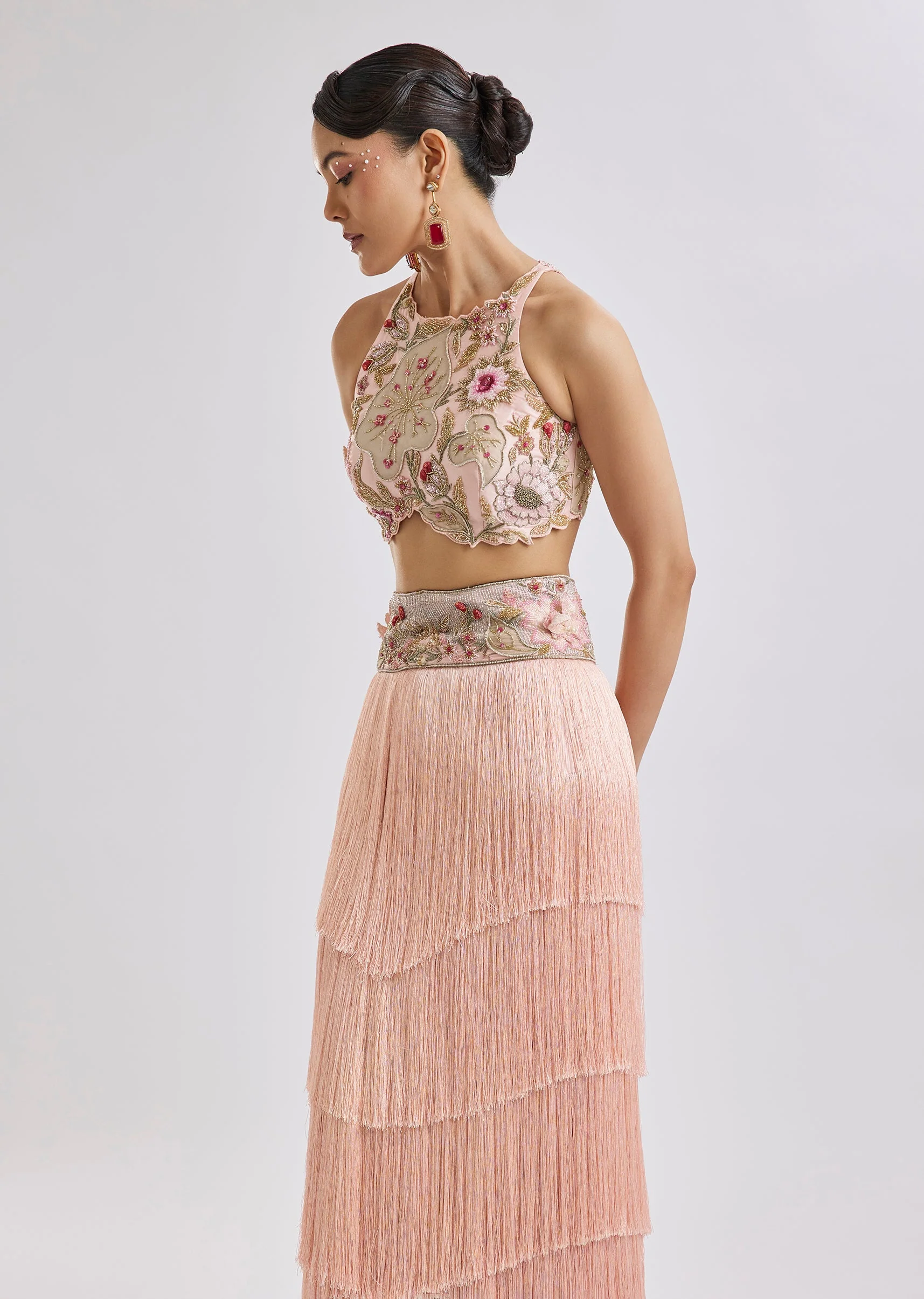Peach Embroidered Blouse With Fringed Skirt Set - Image 4