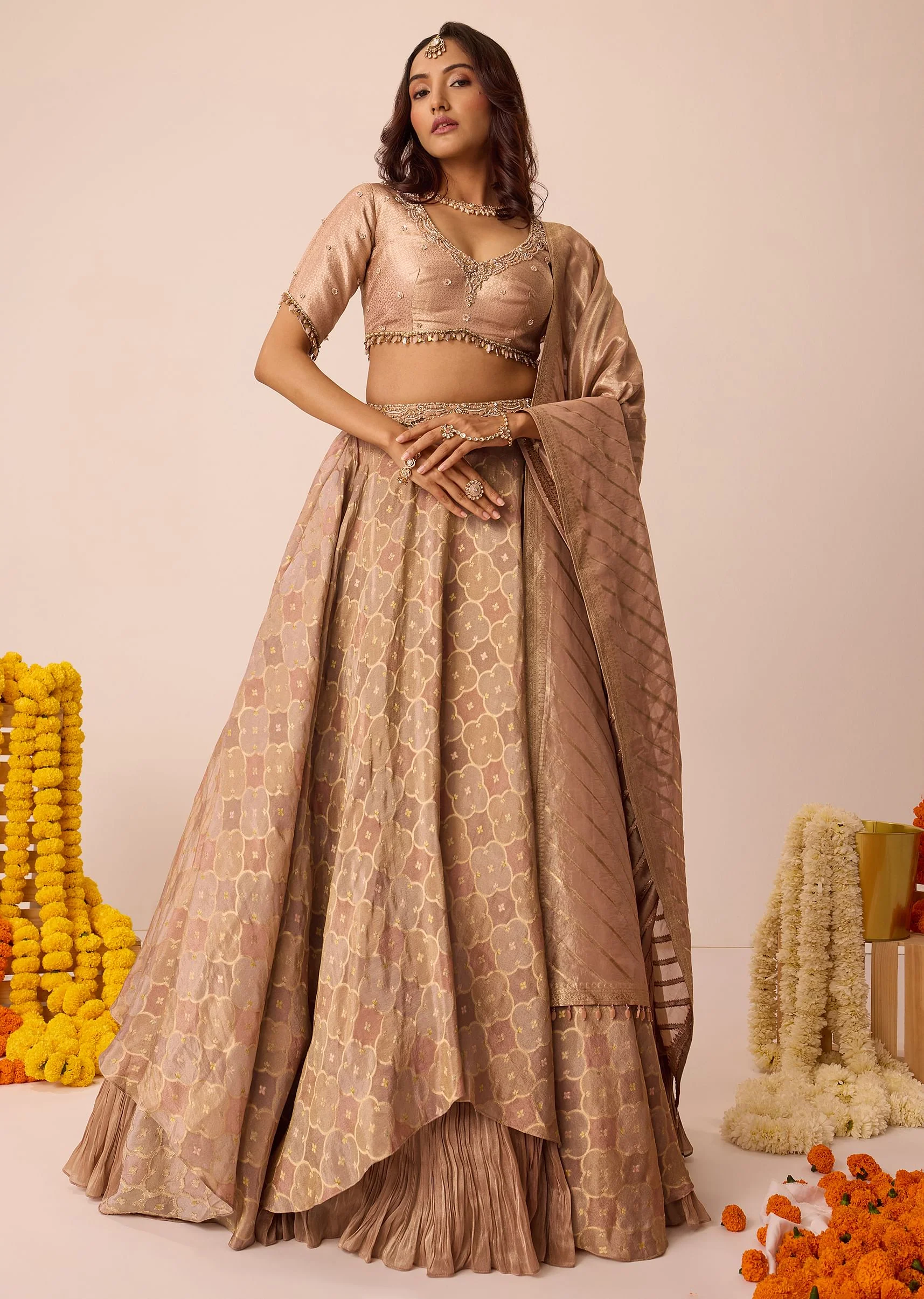 Peach Embroidered Blouse With Ruching Lehenga And Tassel Dupatta - Image 5