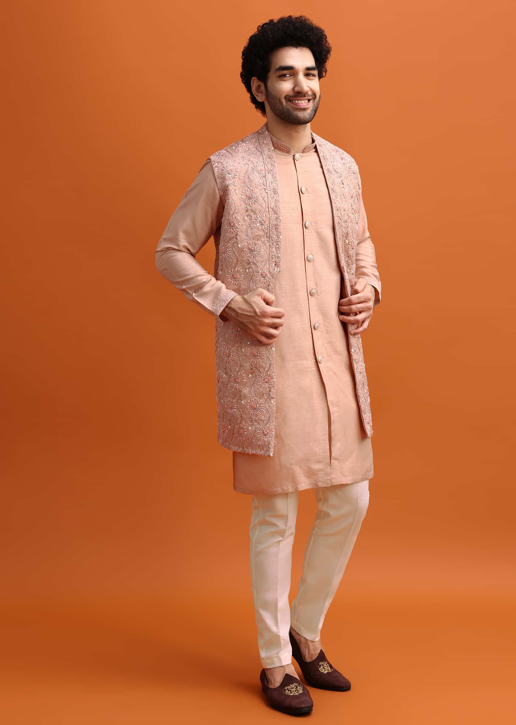Peach Embroidered Kurta Jacket Set For Men - Image 2