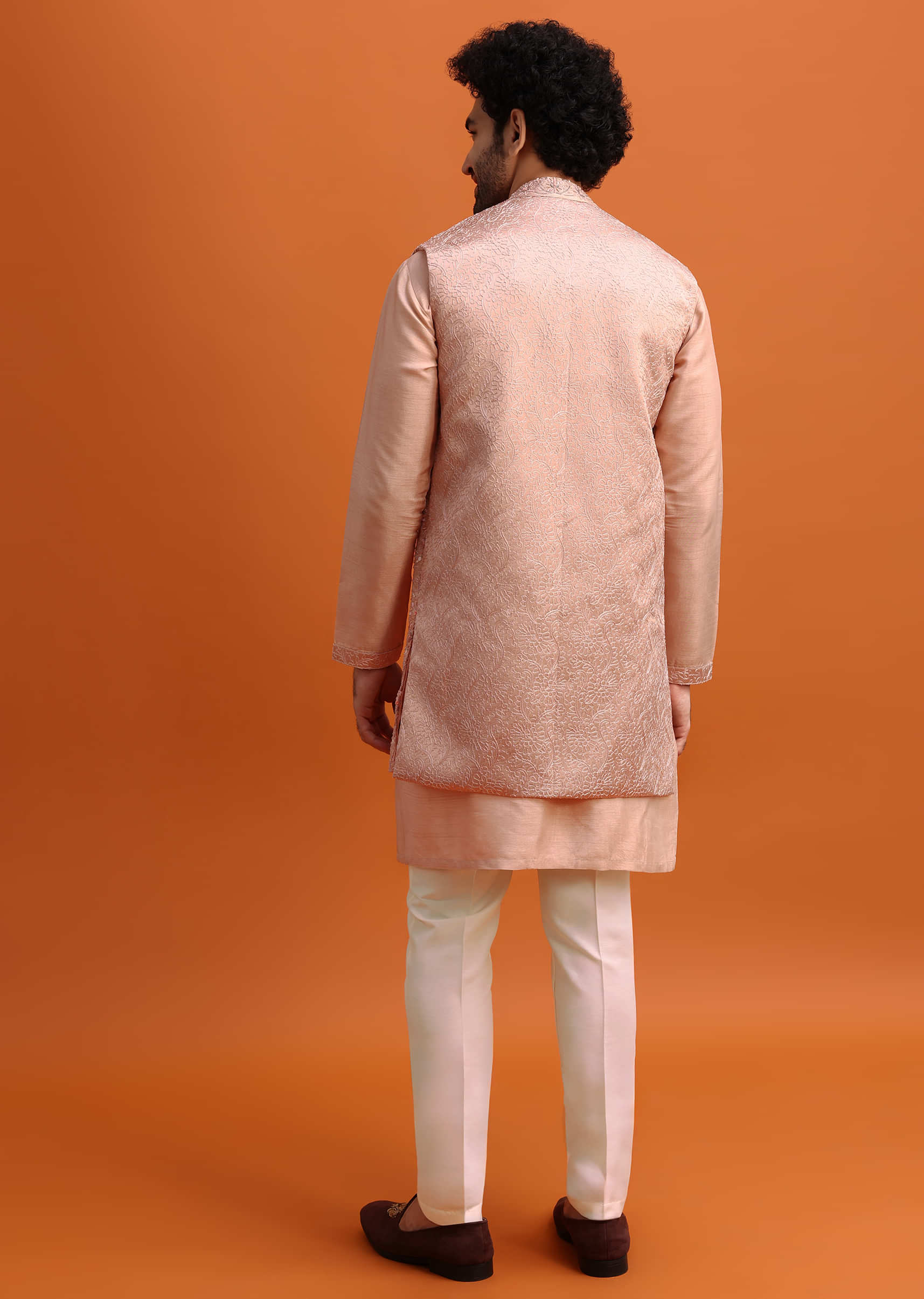Peach Embroidered Kurta Jacket Set For Men - Image 5
