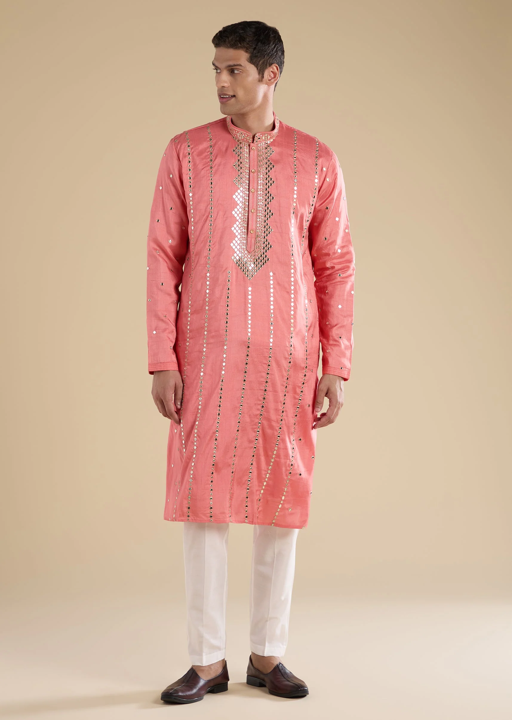 Peach Embroidered Kurta Set For Men
