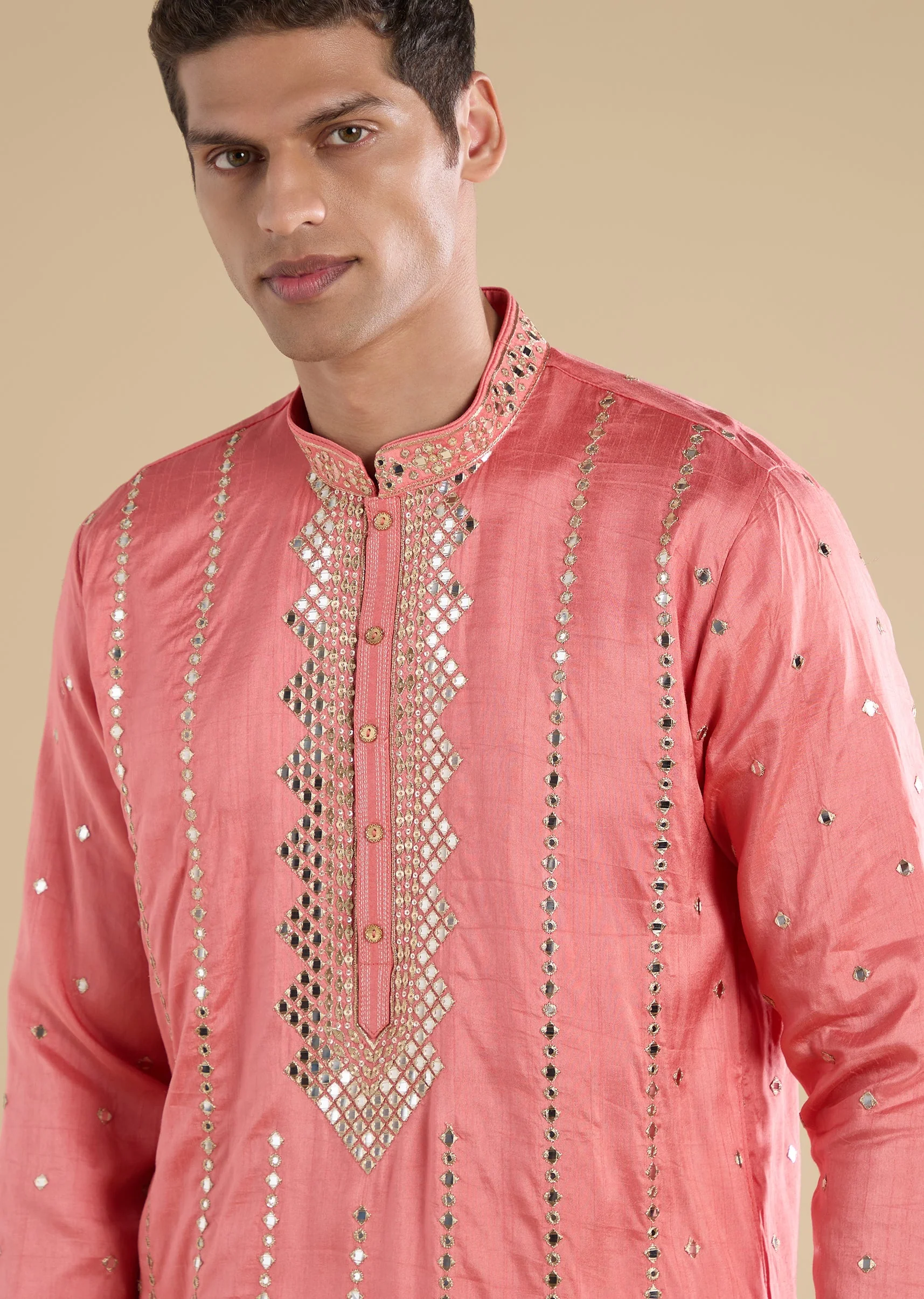 Peach Embroidered Kurta Set For Men - Image 2