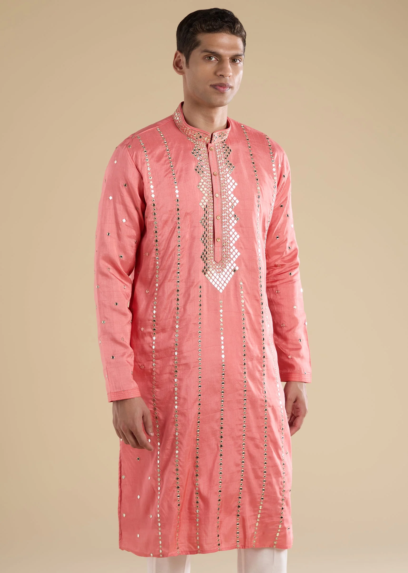 Peach Embroidered Kurta Set For Men - Image 4