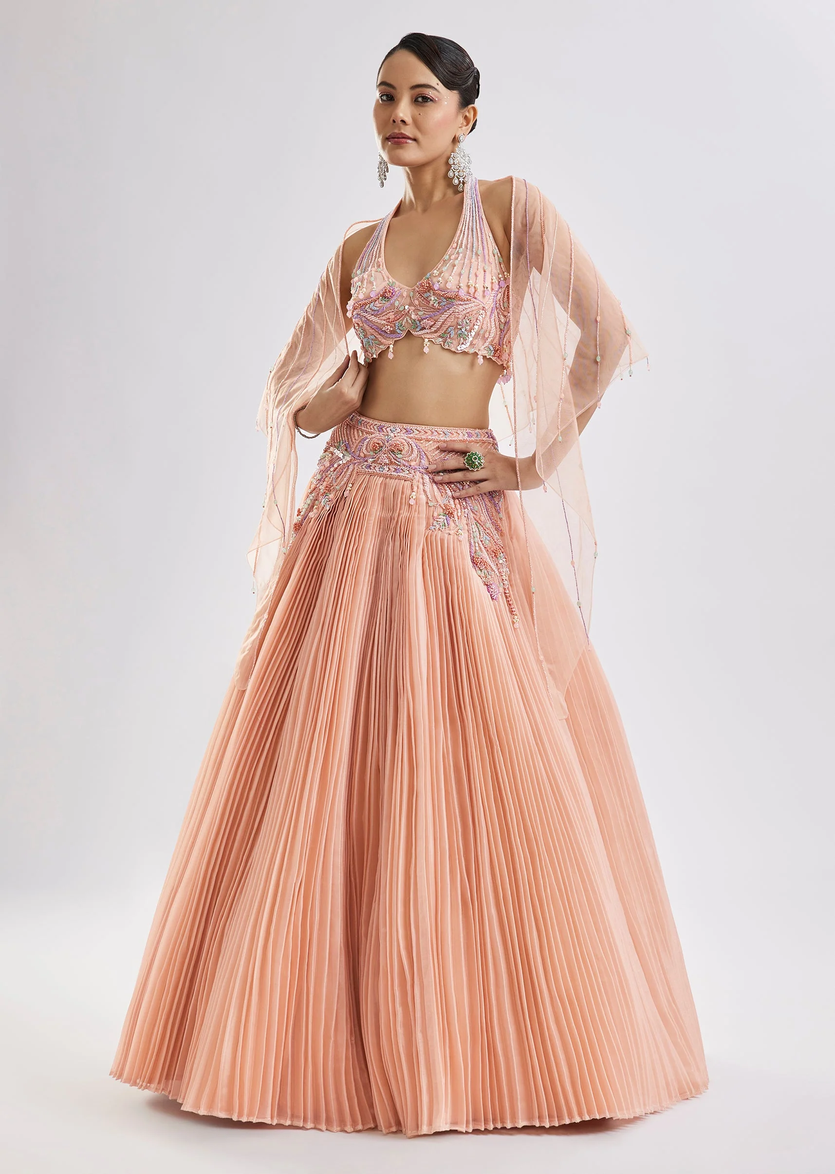 Peach Embroidered Lehenga Set With Dupatta