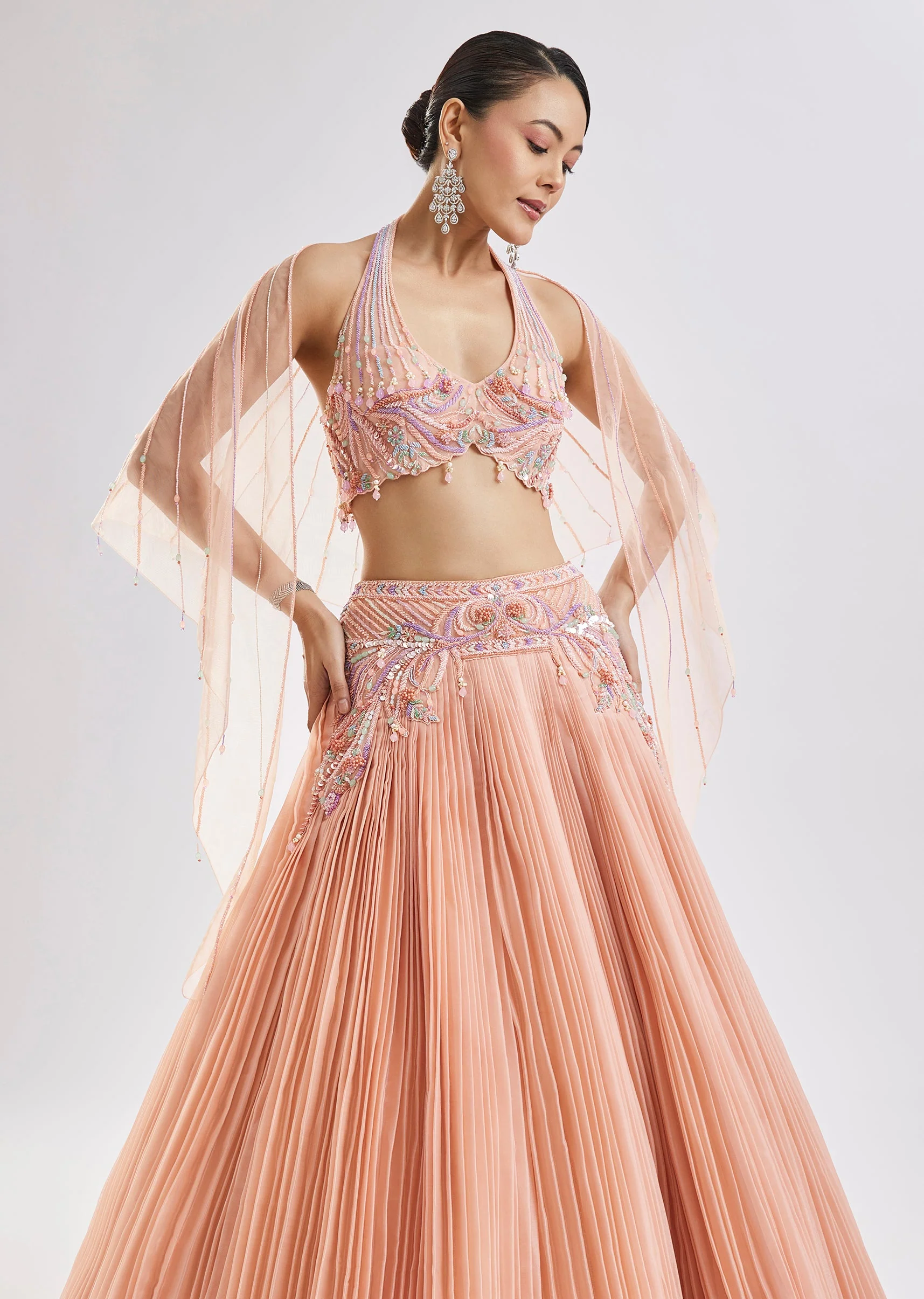 Peach Embroidered Lehenga Set With Dupatta - Image 4