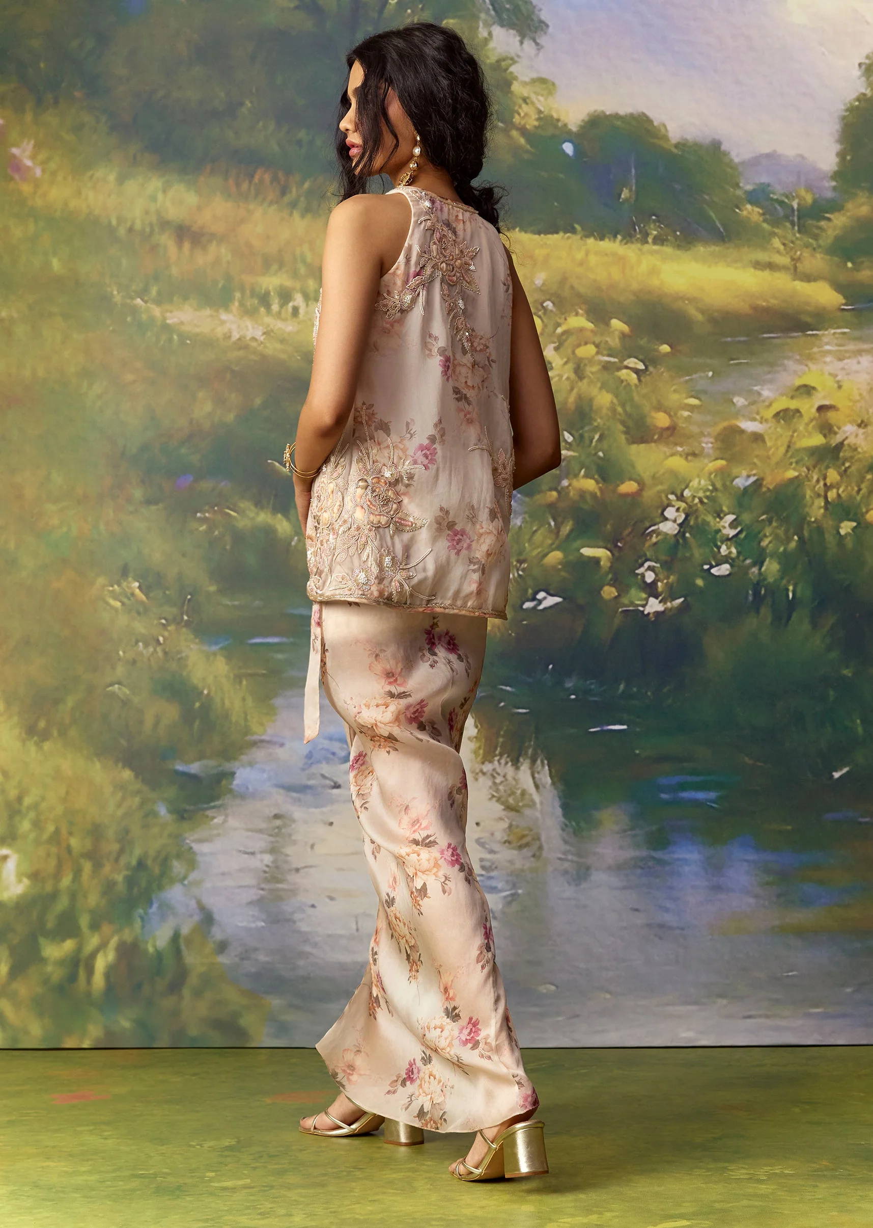 Peach Embroidered Organza Jacket Skirt Set - Image 2