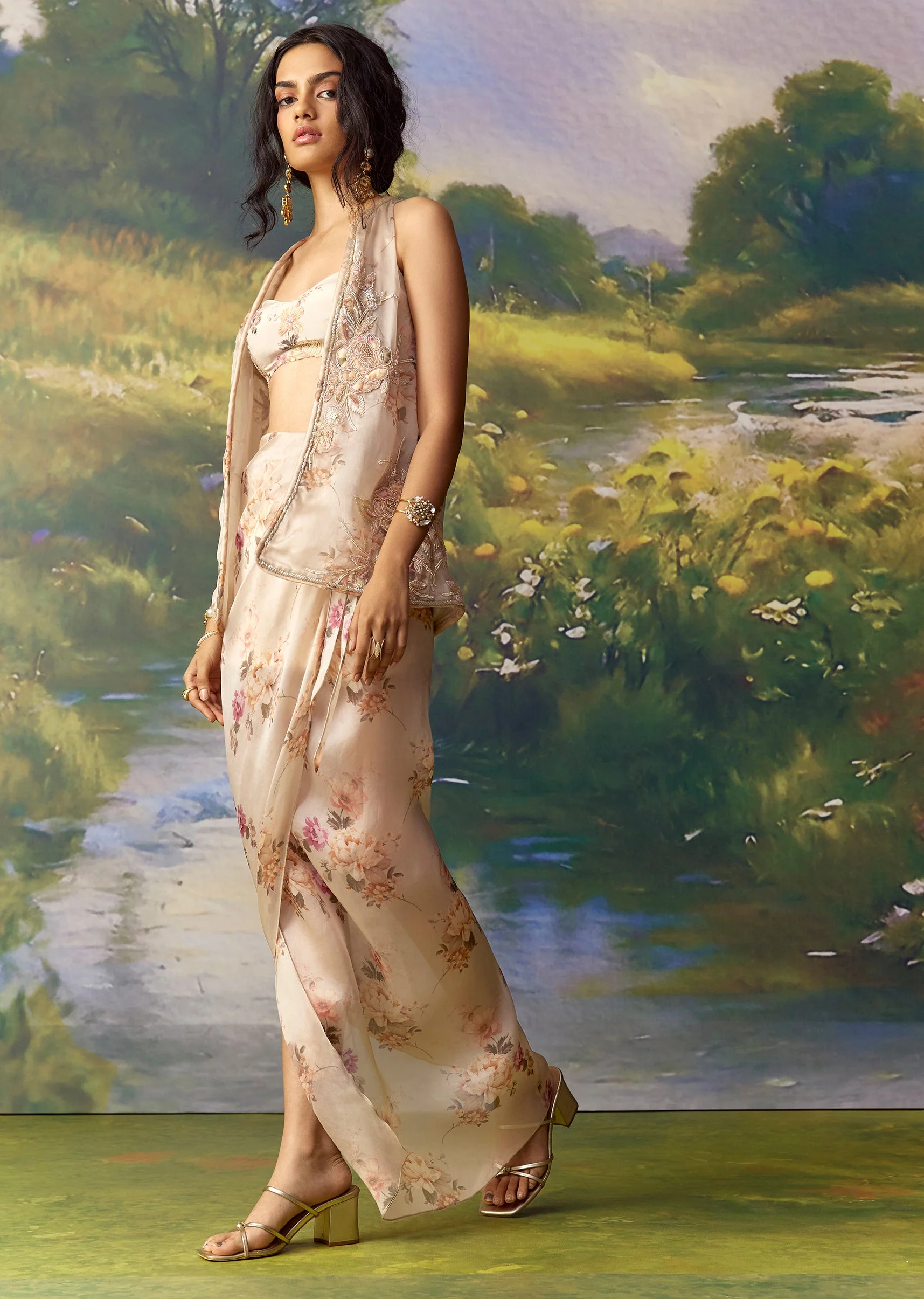 Peach Embroidered Organza Jacket Skirt Set - Image 4