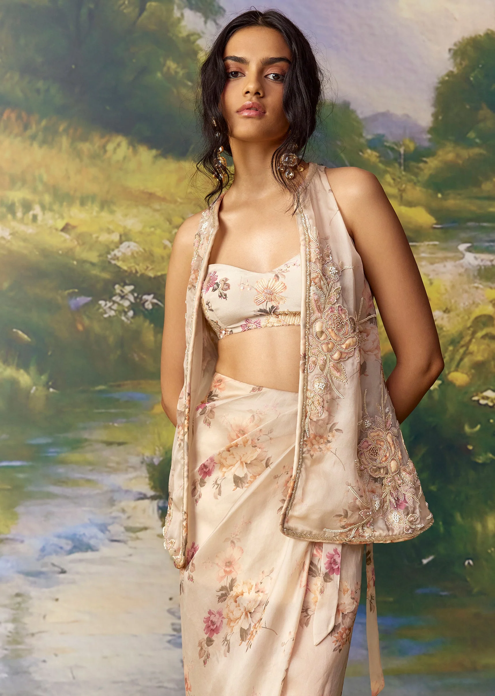 Peach Embroidered Organza Jacket Skirt Set - Image 5