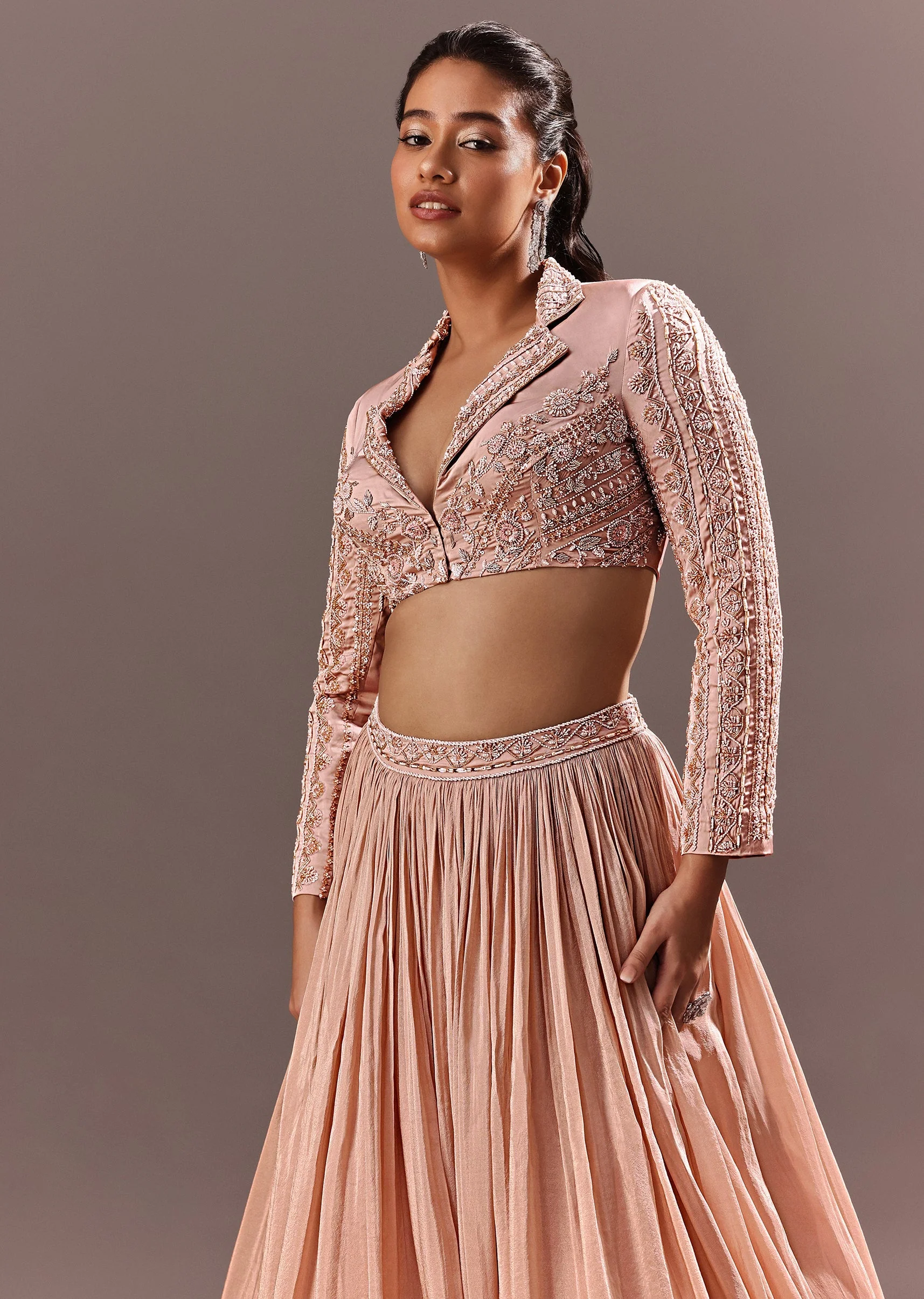 Peach Embroidered Ruched Lehenga With Collar Neck Blouse And Dupatta - Image 2