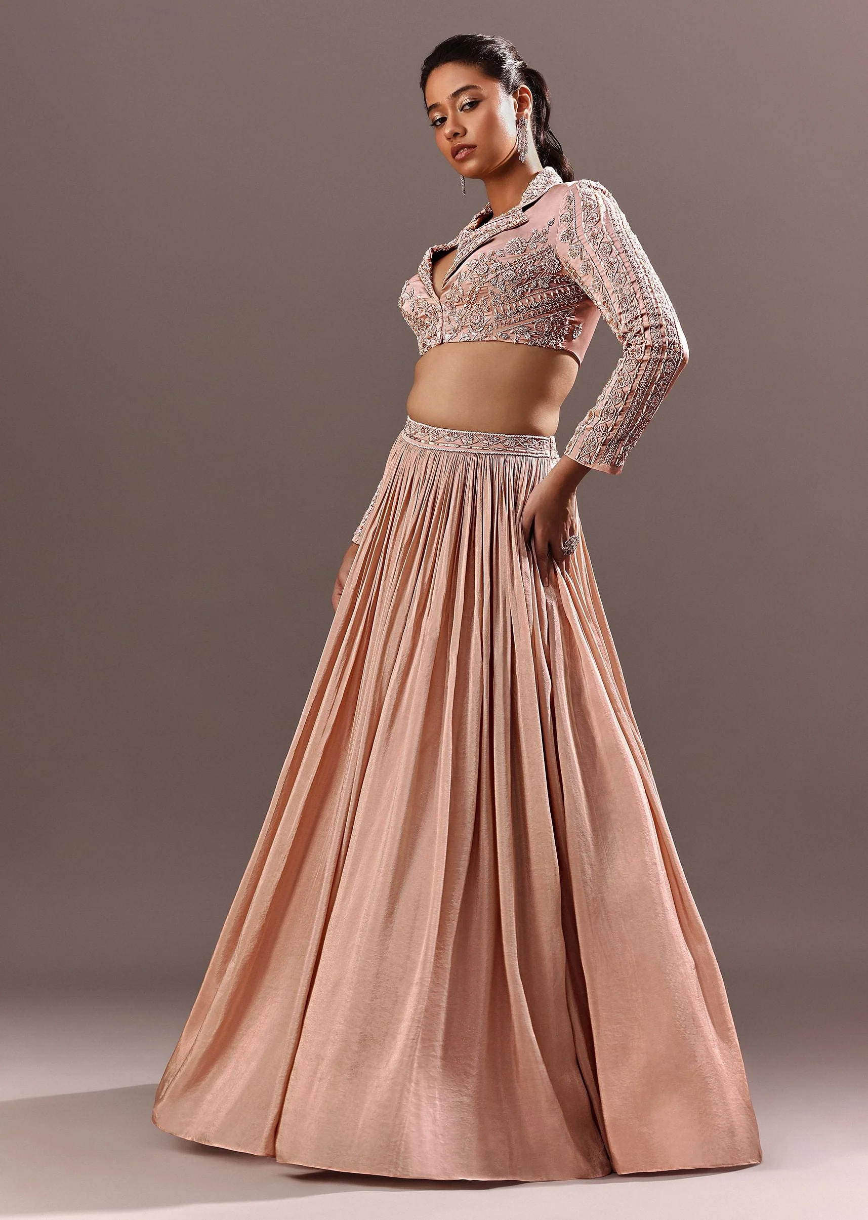 Peach Embroidered Ruched Lehenga With Collar Neck Blouse And Dupatta - Image 3