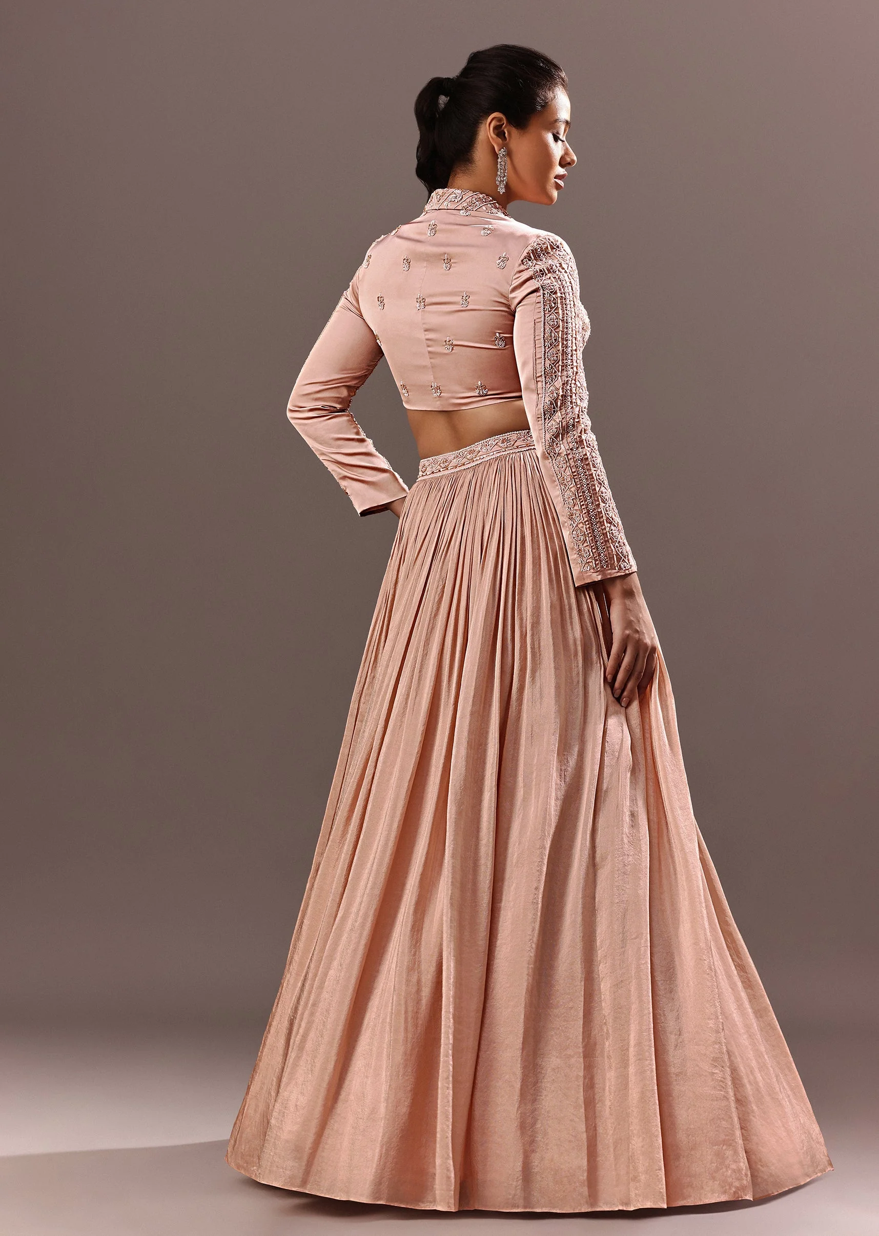 Peach Embroidered Ruched Lehenga With Collar Neck Blouse And Dupatta - Image 5