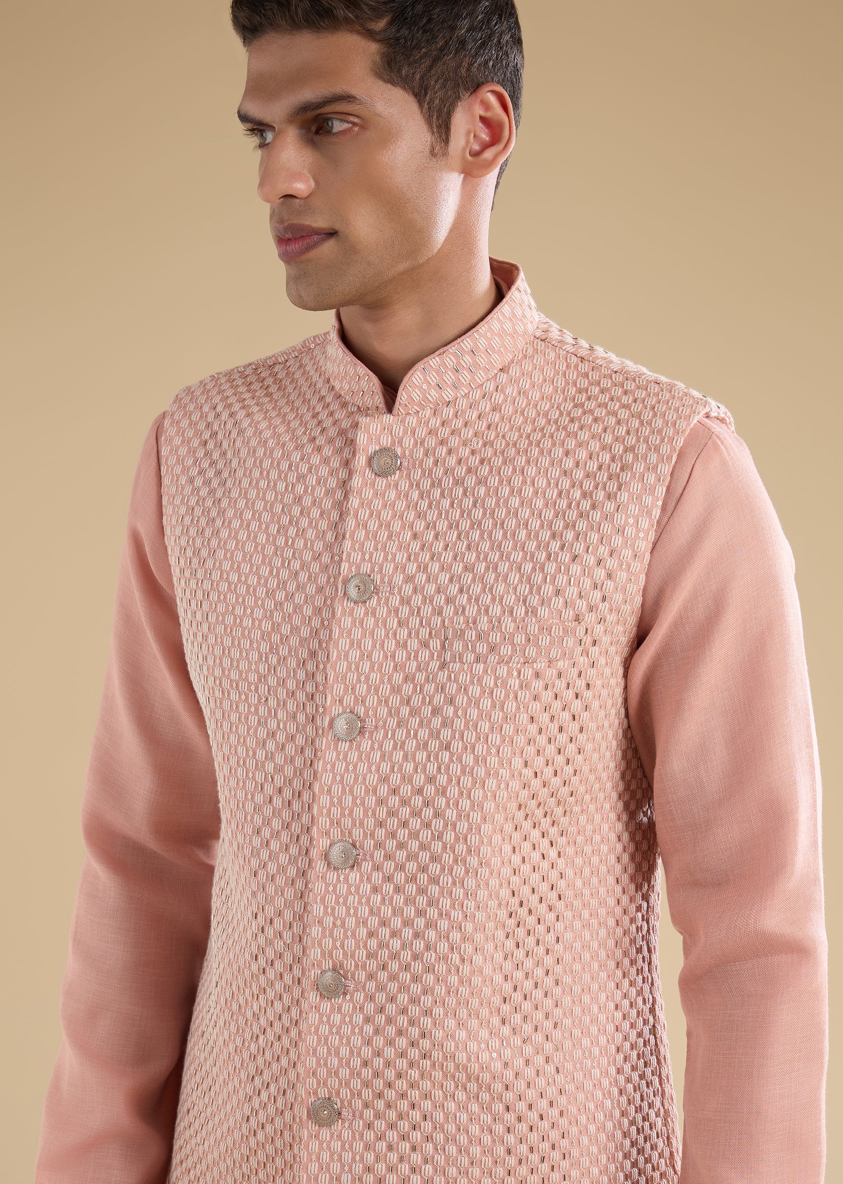 Peach Embroidered Silk An Kurta Jacket Set