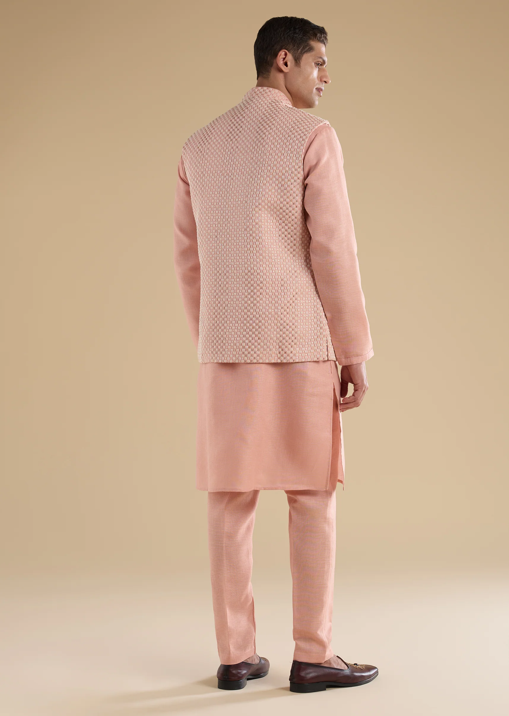 Peach Embroidered Silk An Kurta Jacket Set - Image 6