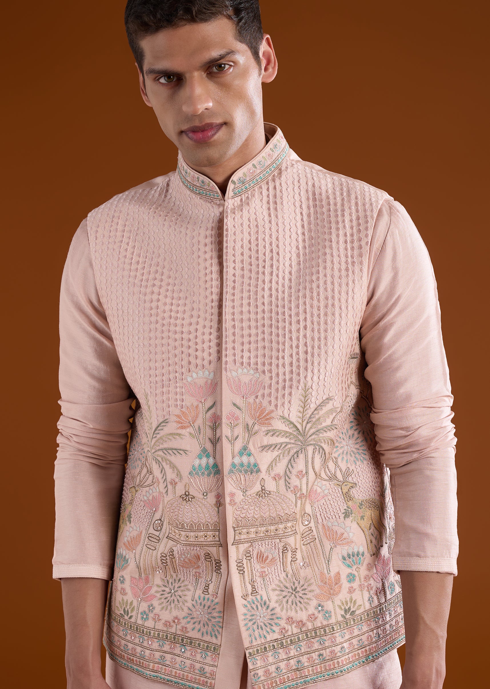 Peach Embroidered Silk Kurta Jacket Set - Image 2