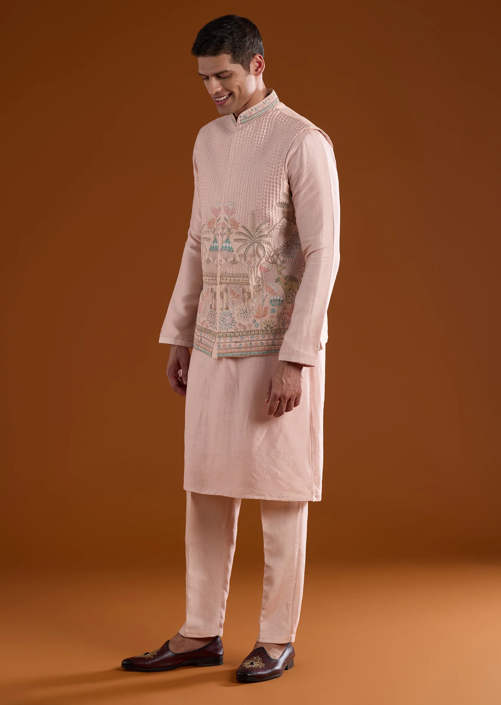 Peach Embroidered Silk Kurta Jacket Set - Image 3