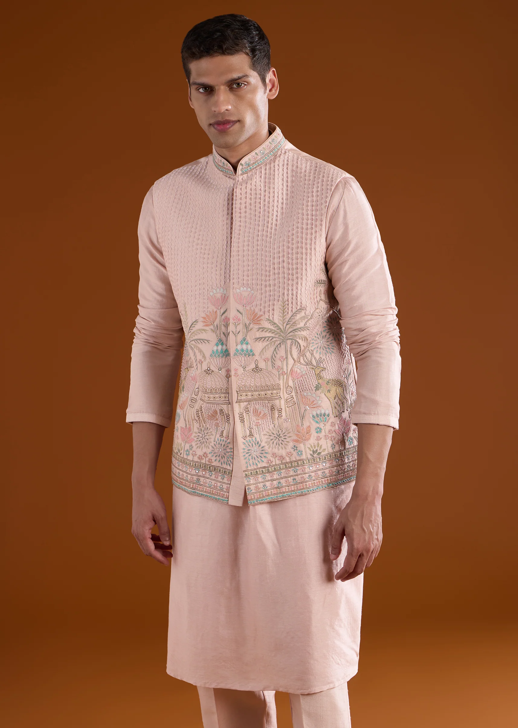 Peach Embroidered Silk Kurta Jacket Set - Image 4