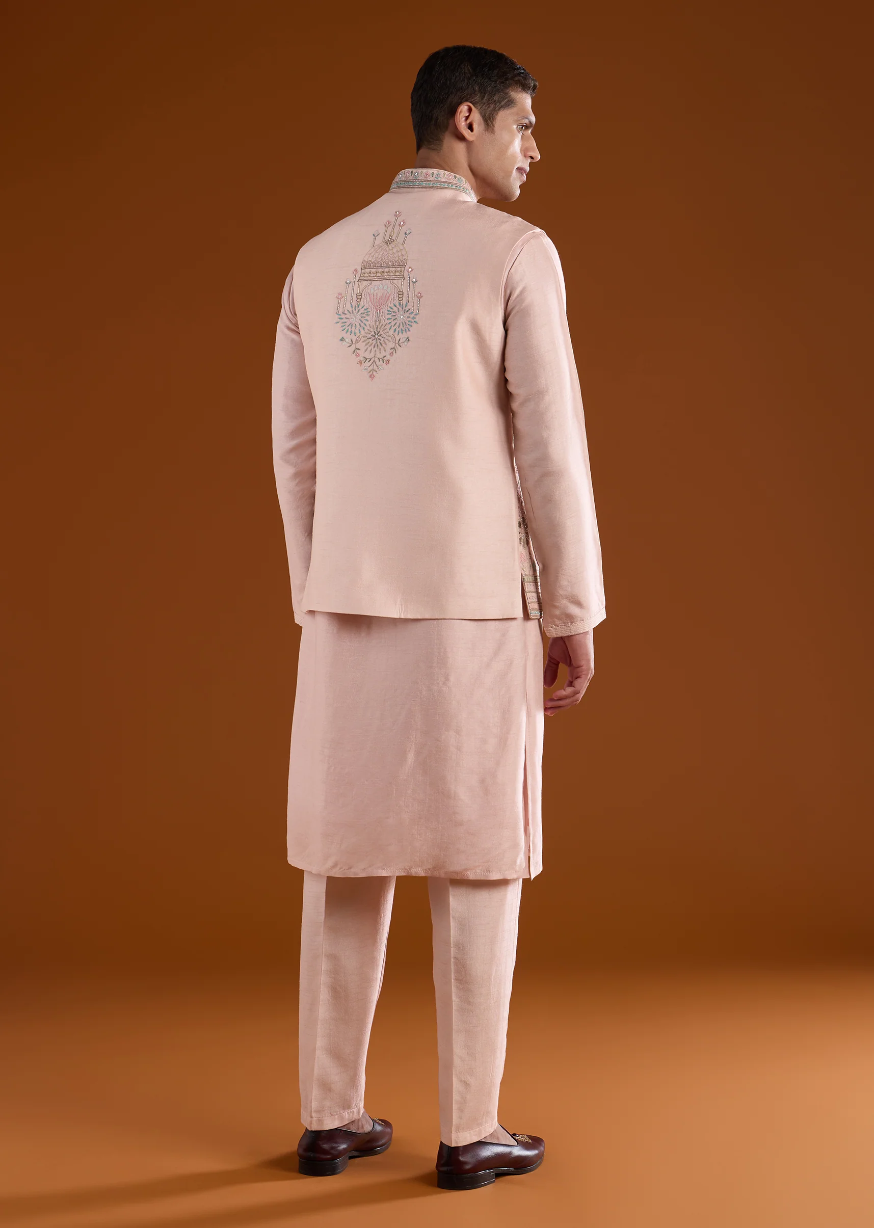 Peach Embroidered Silk Kurta Jacket Set - Image 5