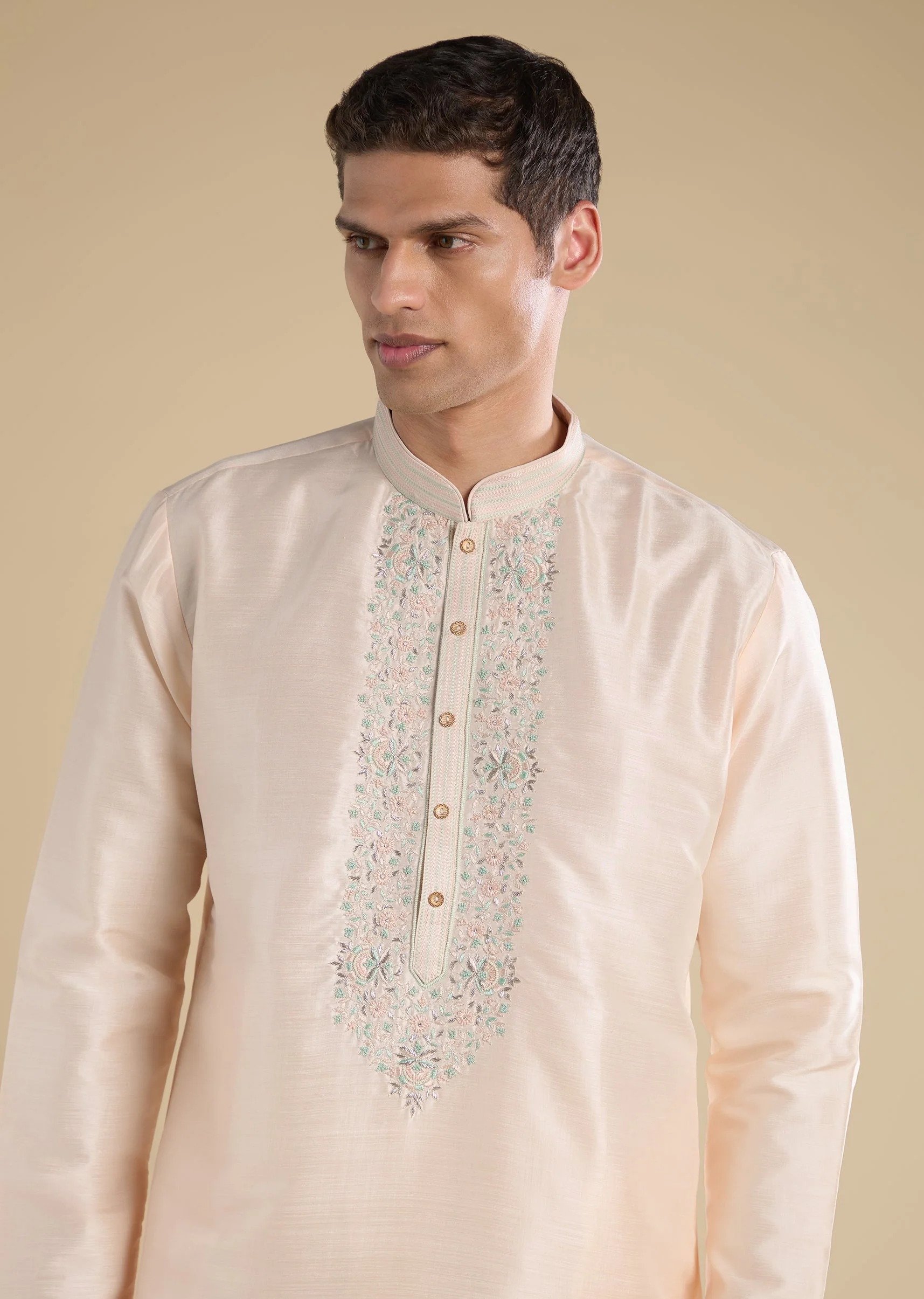 Peach Embroidered Silk Kurta Set
