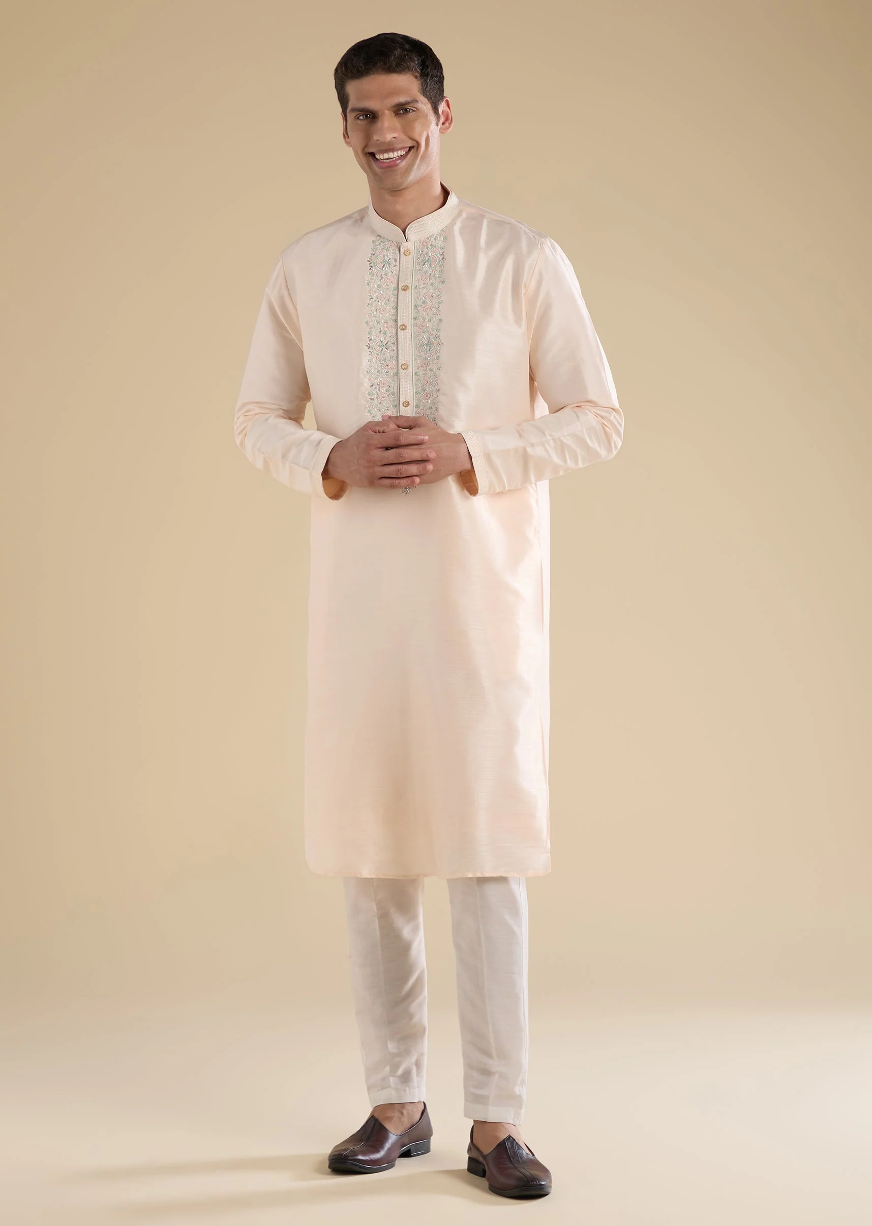 Peach Embroidered Silk Kurta Set - Image 2