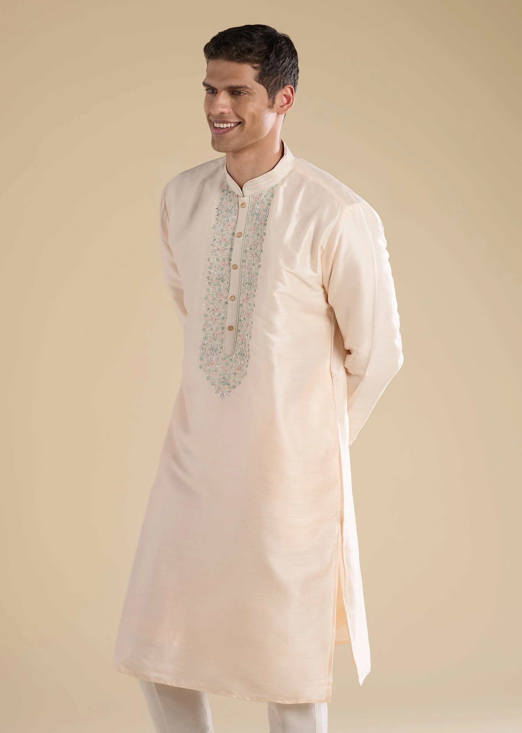Peach Embroidered Silk Kurta Set - Image 3