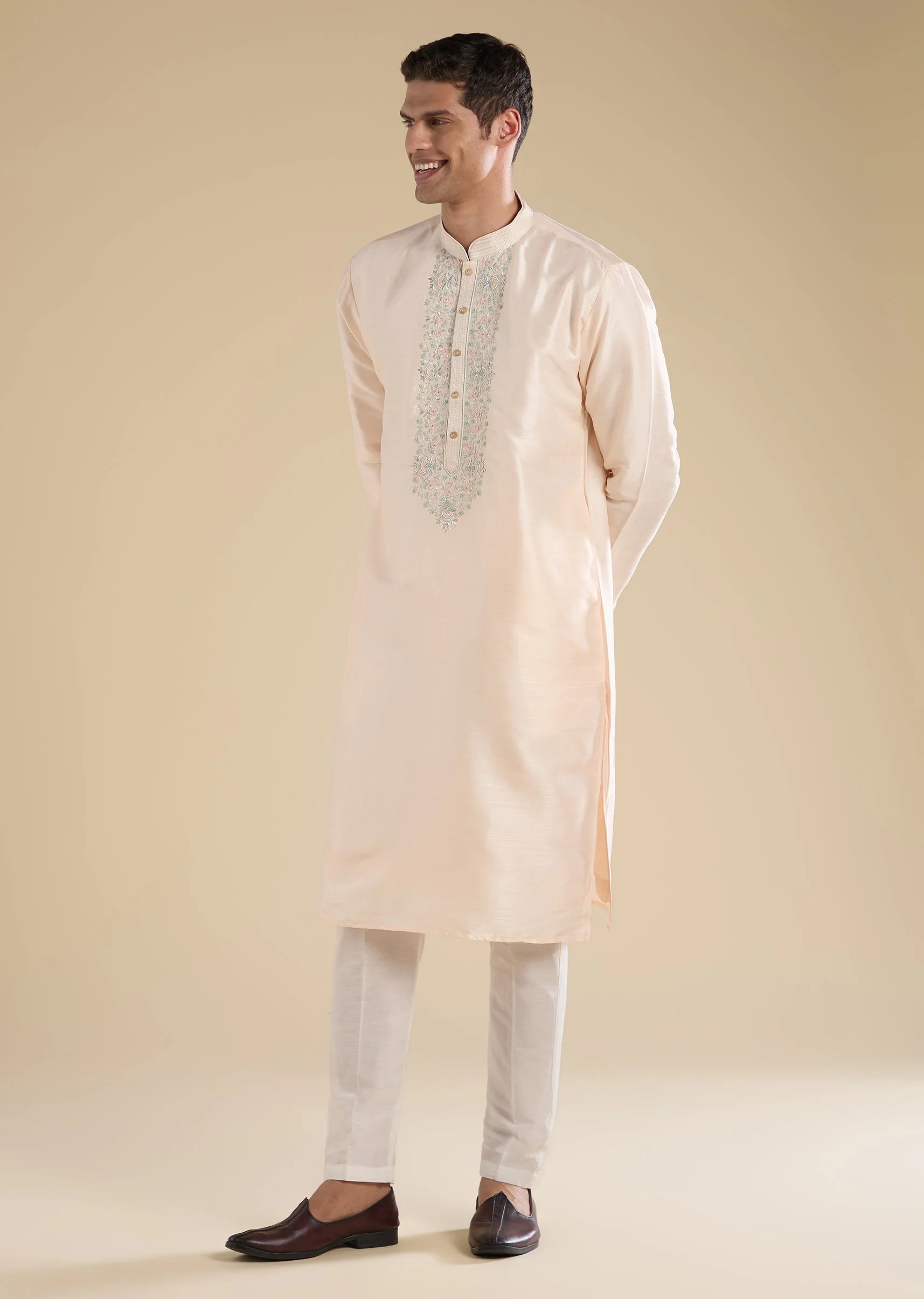 Peach Embroidered Silk Kurta Set - Image 4