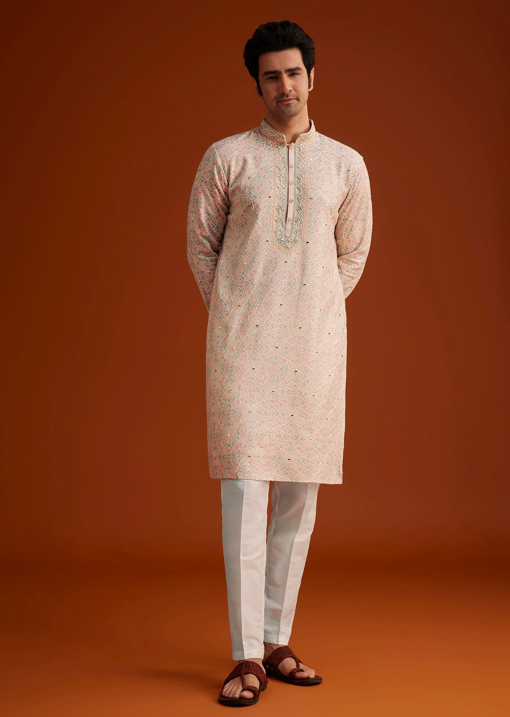 Peach Embroidered Silk Kurta Set With Resham Work - Image 3